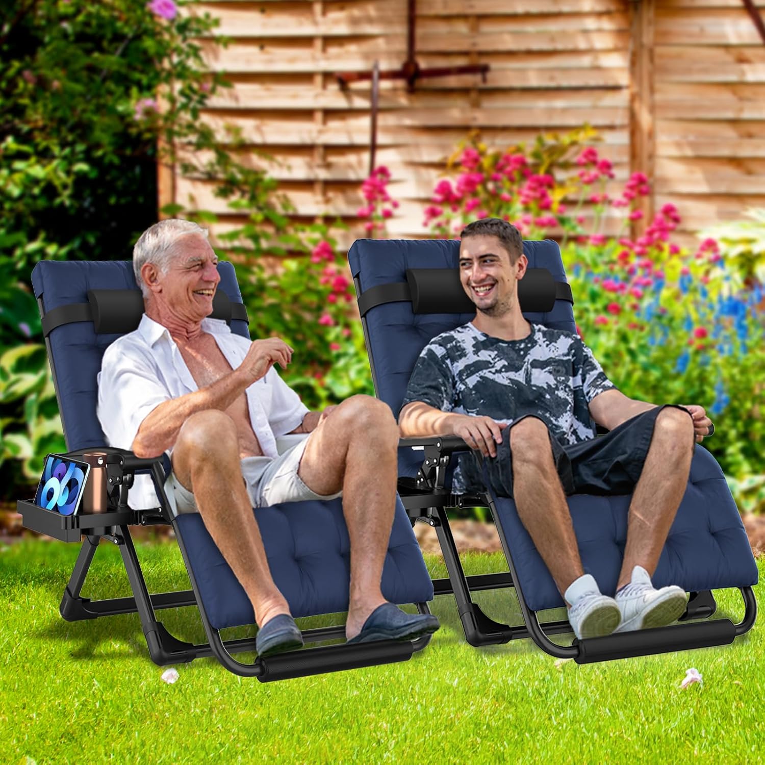 Oversized Zero Gravity Chair, XXL Lounge Chair 33'' Width, Padded Recliner Chair W/Removable Cushion & Adj Headrest, Storage Bag, Footrest Cushion, Cup Holder, for Indoor Outdoor Blue2 Blue2 W/ Cushion- 33''