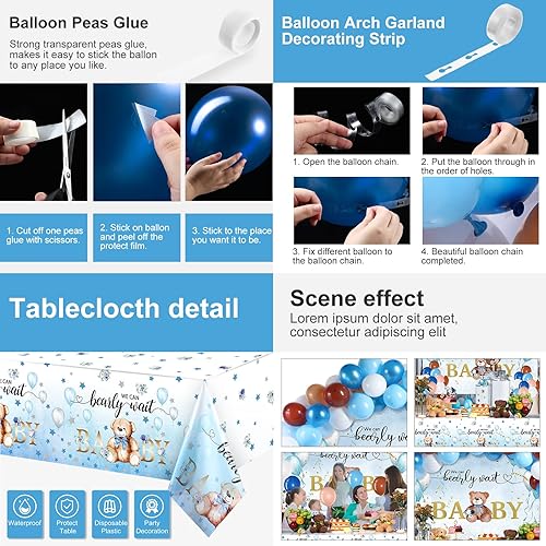 Miniatura 3 de 67 piezas de decoración de oso para baby shower, oso de espera, mantel de baby shower, telón de fondo y globos azules y marrones, decoraciones para