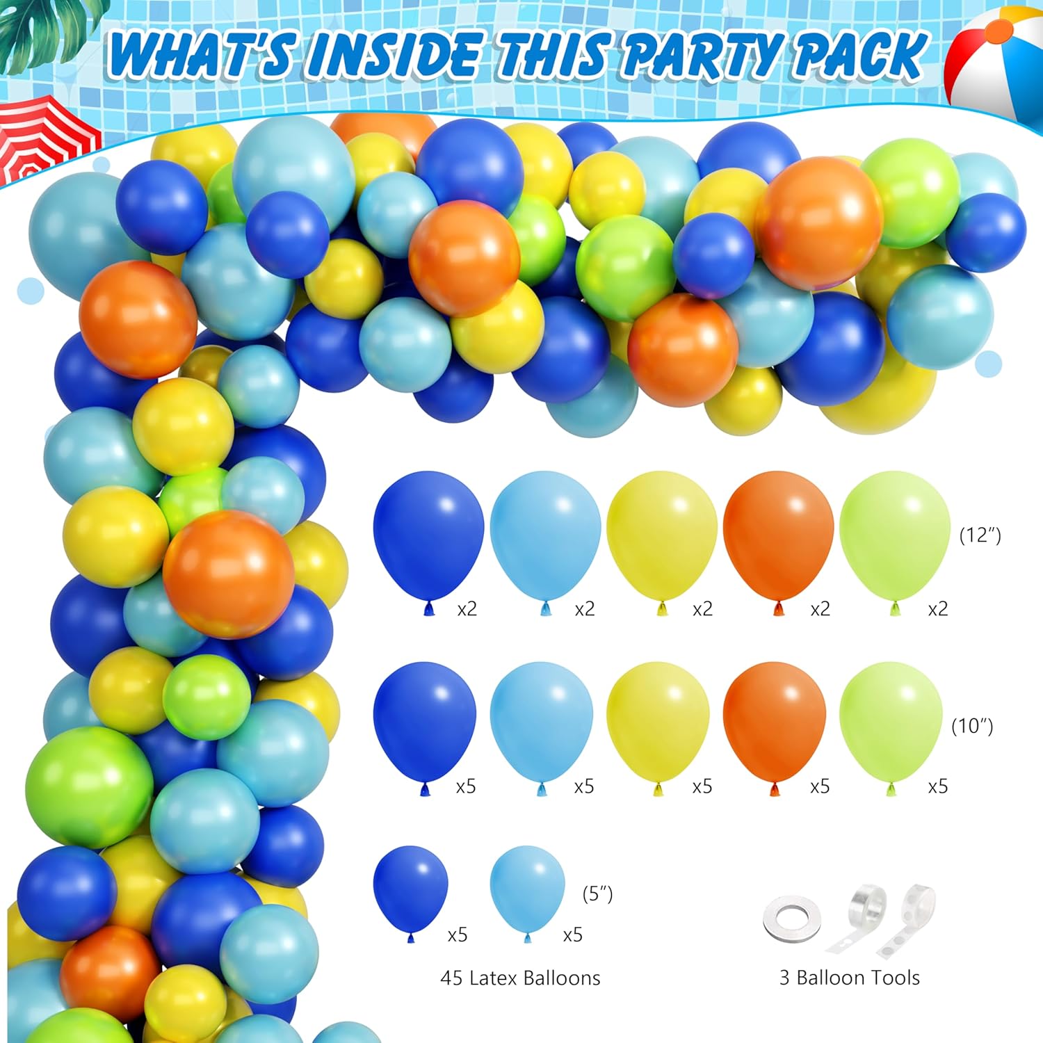 Pool Party Decorations, Summer Beach Pool Themed Birthday Party Supplies with Dinnerware Plate Napkin Cup Balloon Kit Backdrop Tablecloth for Swim Water Bash Luau Tropical Hawaii Party Decor