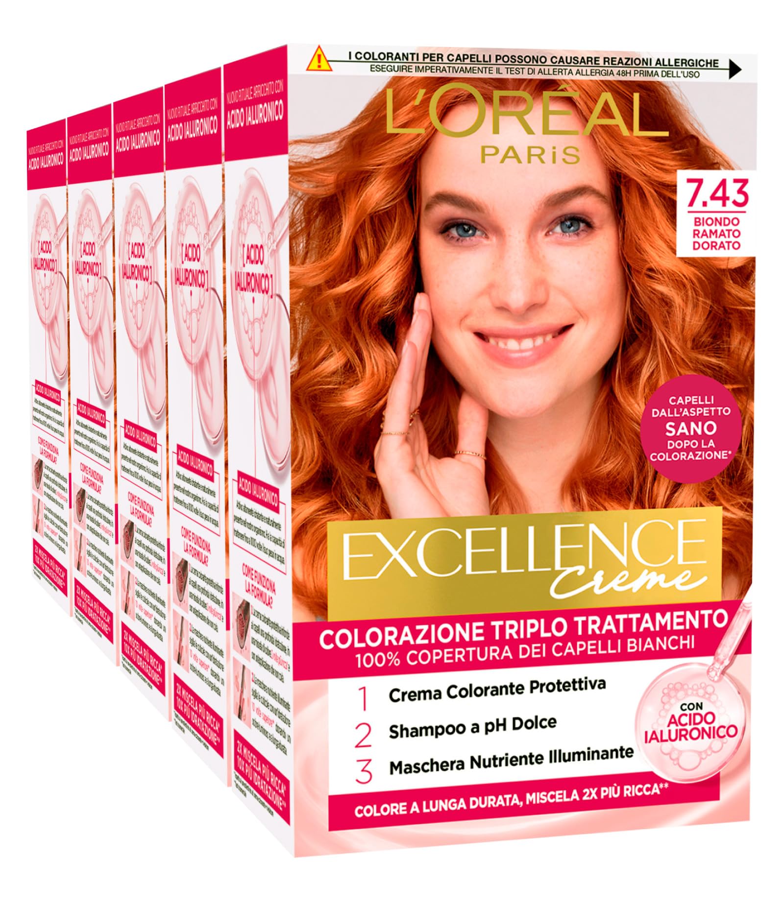 L'Oréal Paris Excellence Creme Coloration Dreifachbehandlung 7.43 Goldkupferblond 100% Abdeckung Weißes Haar Langanhaltend mit Hyaluronsäure - 5 Farben