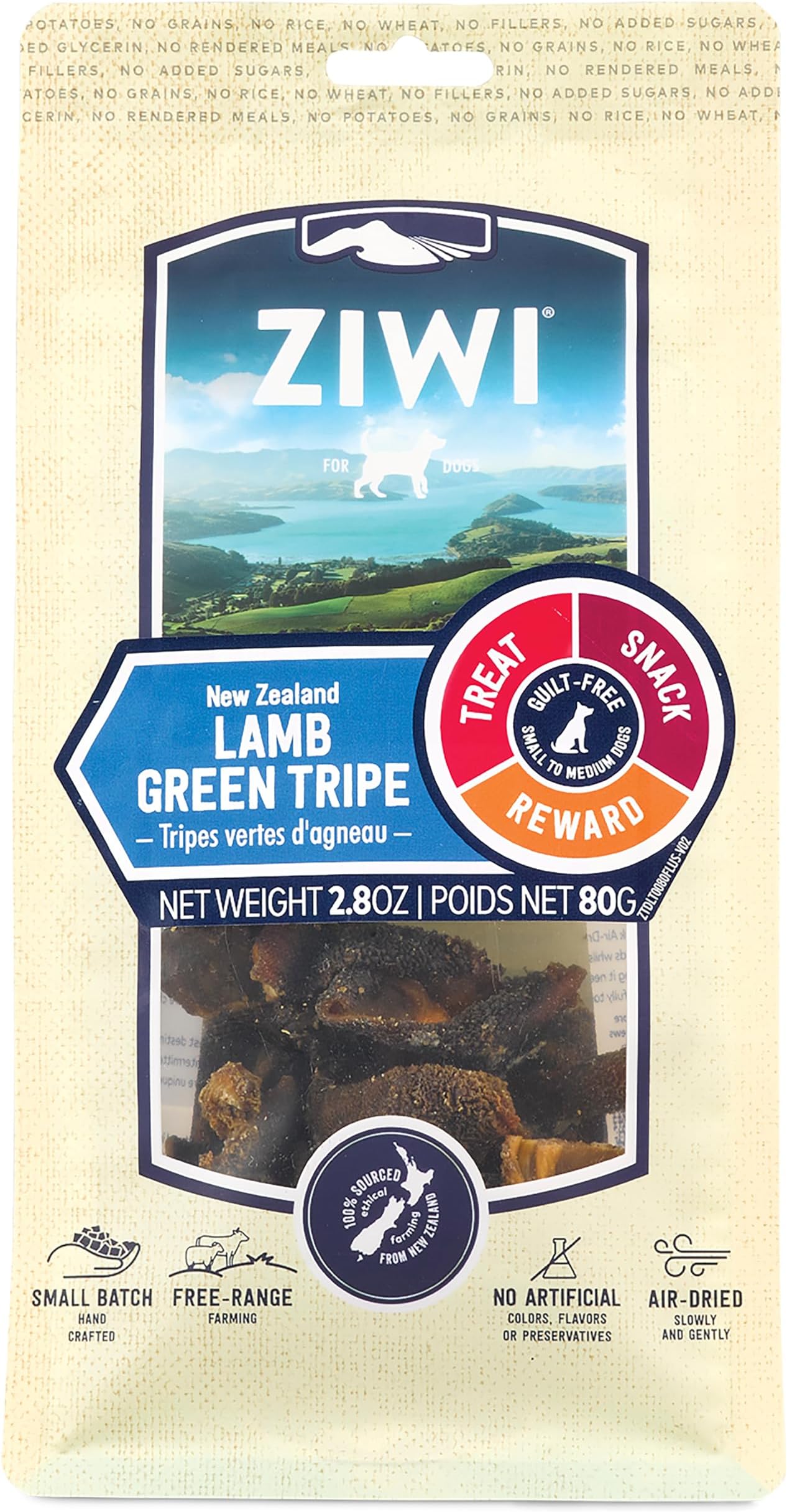 ZIWI Dog Chews and Treats โ Lamb Green Tripe - All Natural, Air-Dried, Single Protein, Grain-Free, High-Value Treat, Snack, Reward 2.8 Ounce (Pack of 1)