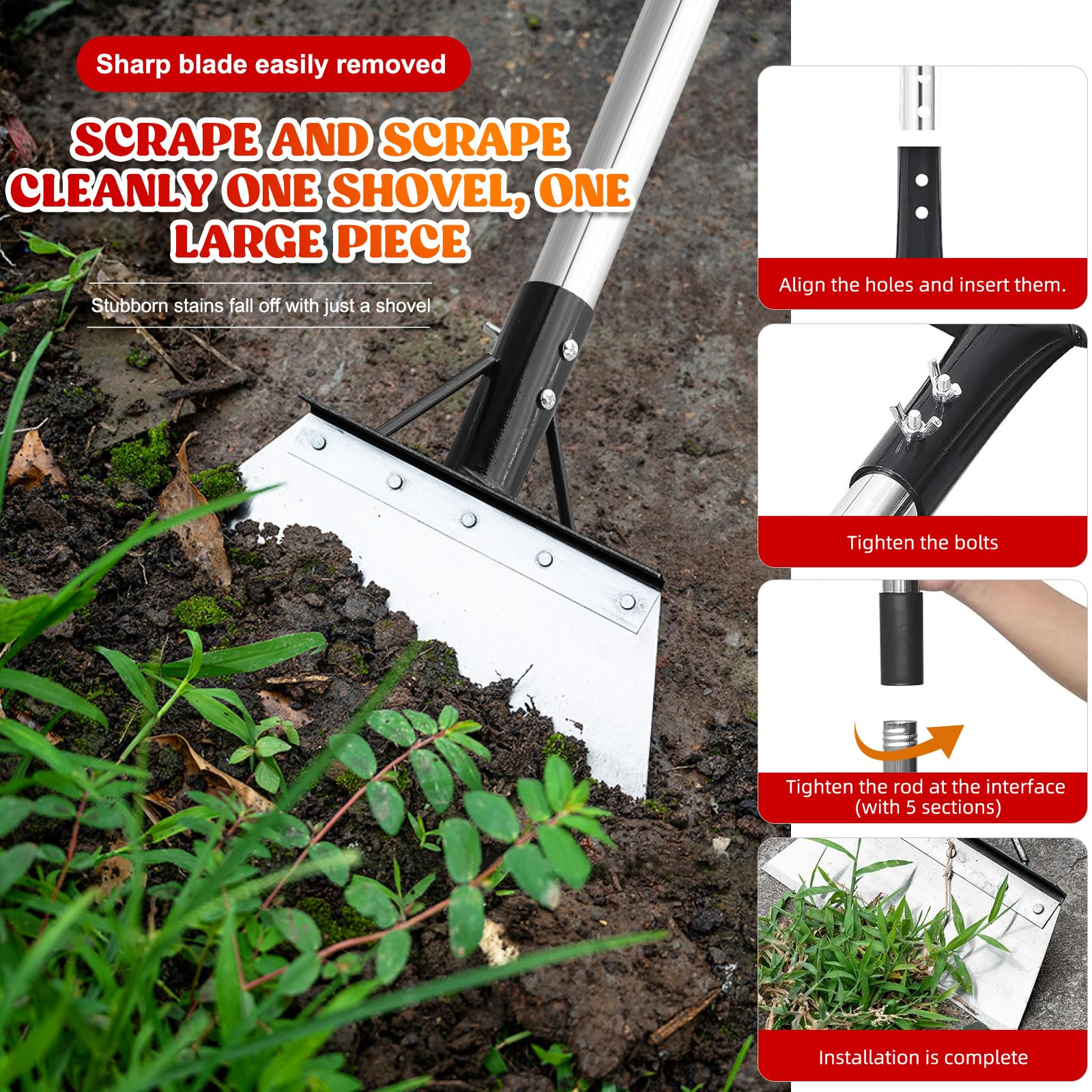 Kit de grattoir de jardin - Lame en acier inoxydable de 21 cm avec manche de 120 cm et gants à 3 sections - Éliminateur de mousse et de glace pour terrasse, allée et neige - Kit de pelle de jardin