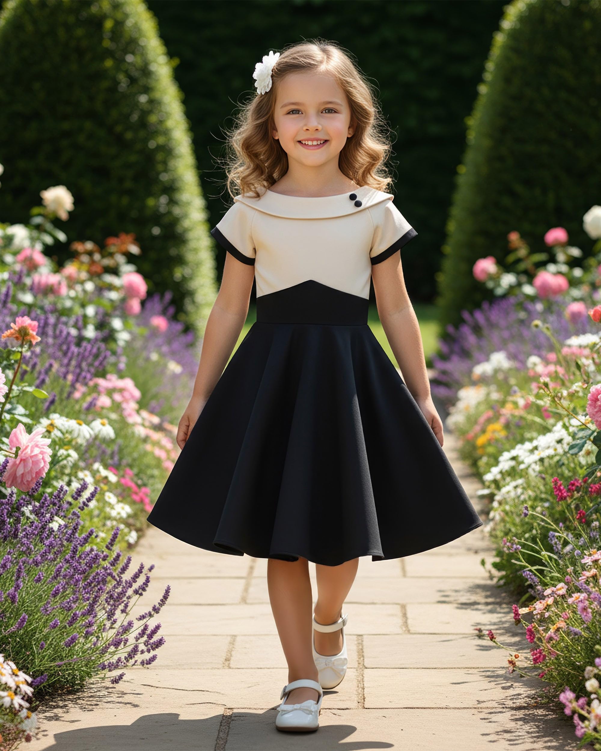 BlackButterfly Mädchen Kleid Valerie Zweifarbig | Tellerrock, Kurze Ärmel, Umlegekragen, Pfeil-Taillennaht, Gefüttert, Reißverschluss Hinten, 3-14 Jahre