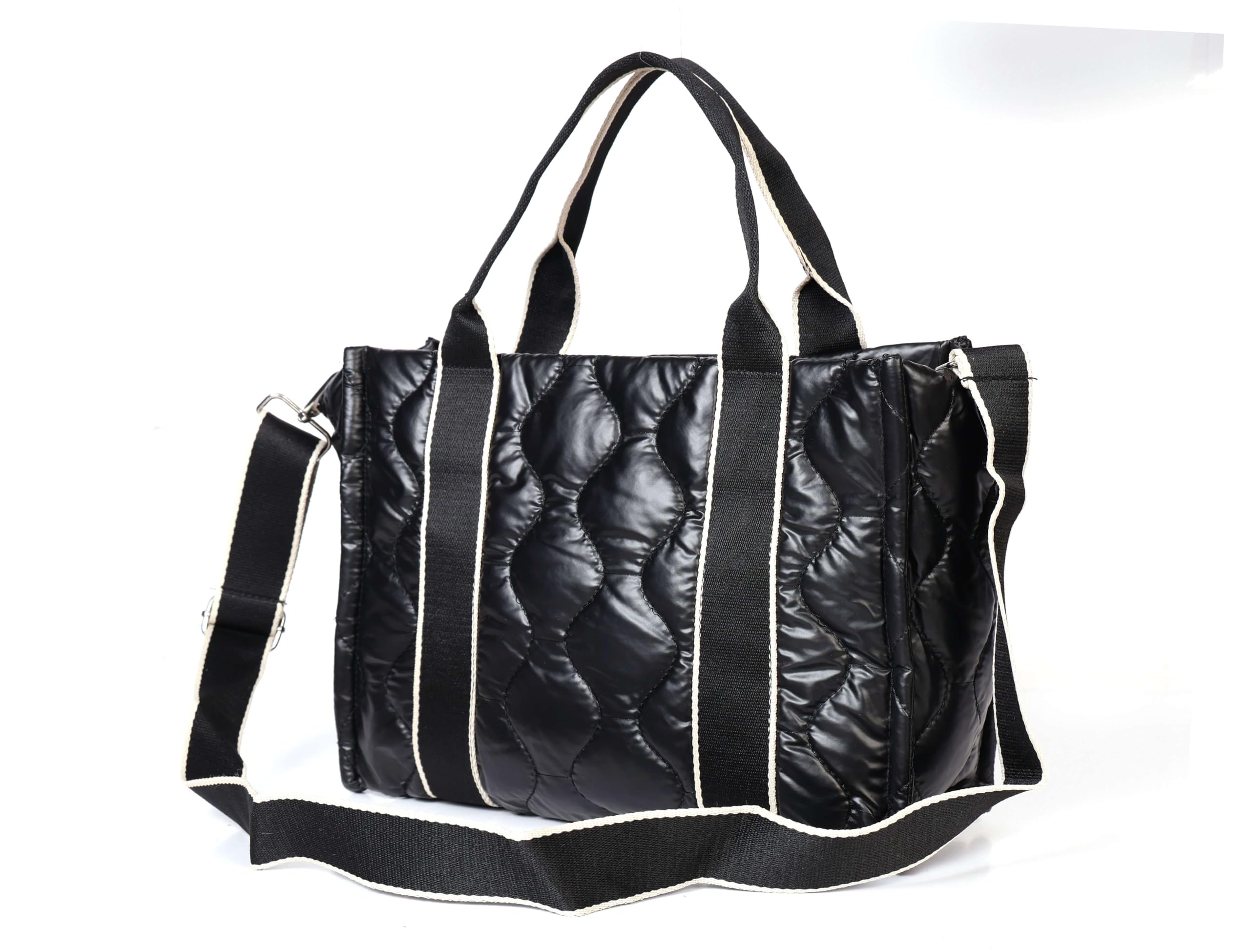 Niaami Women's Black Textile Tote Bag with shoulder strap Chain Closure 2 Pocket Casual Handbag Clutch Stylish Purse for Girls