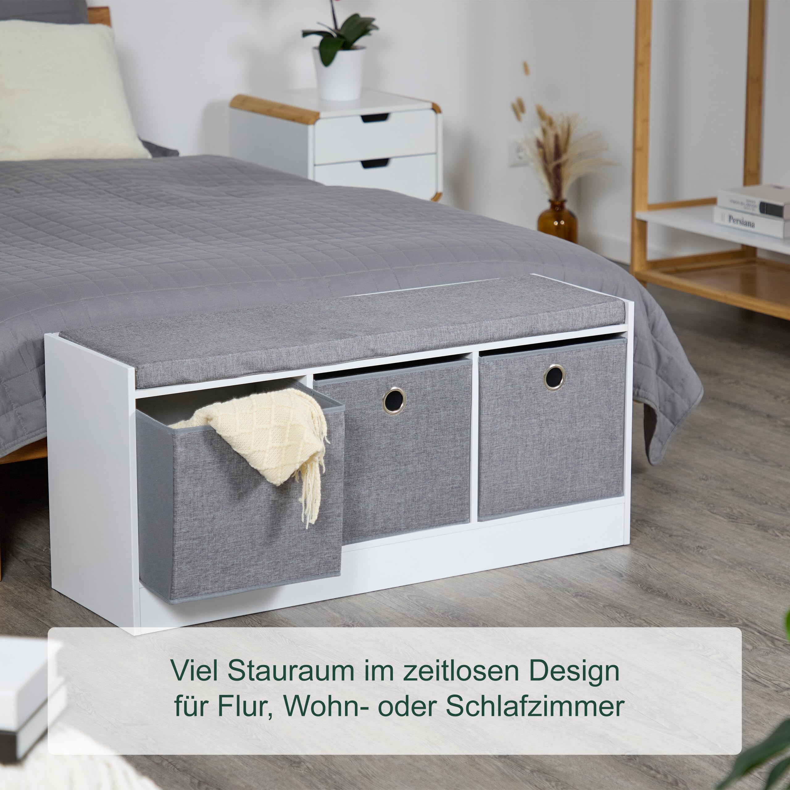 Relaxdays Sitzbank, Polsterbank mit 3 Stoff-Schubladen, HxBxT: 46 x 102 x 32 cm, MDF, Aufbewahrungsbank, weiß/grau