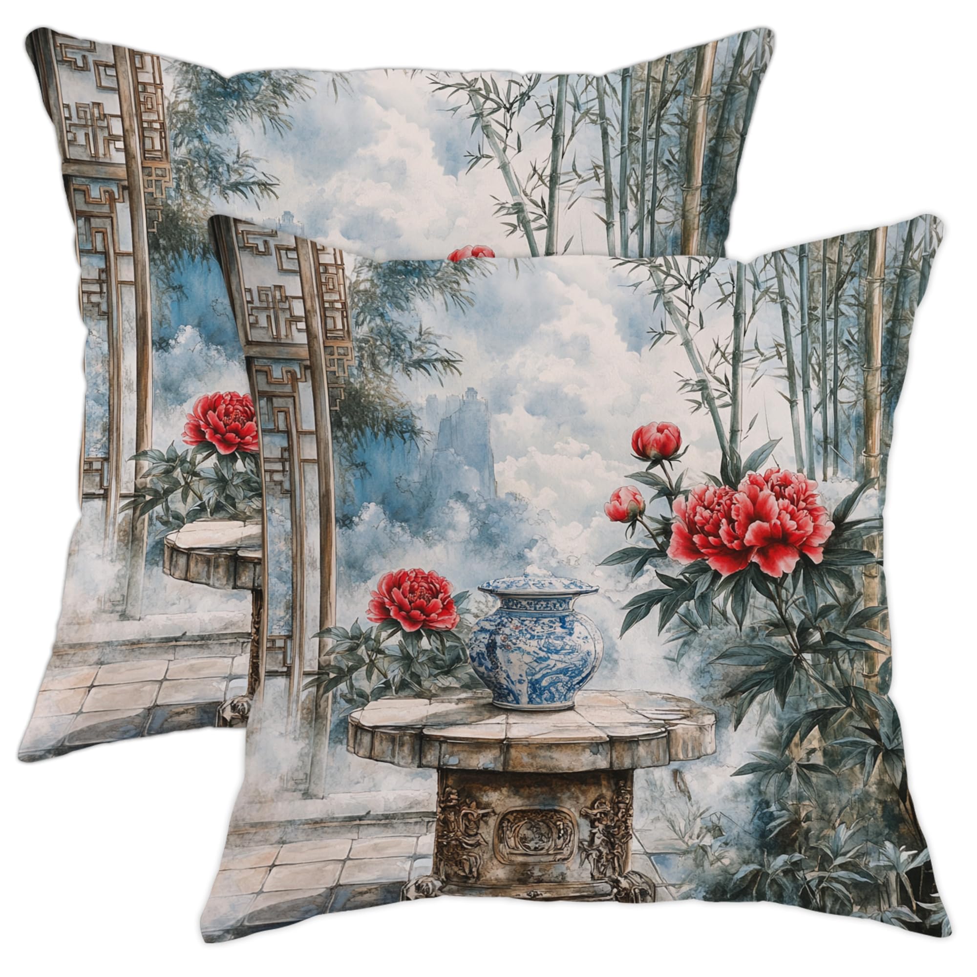 Chinese Style Pillow Covers Set of 2, Red Peony and Blue Vase Throw Pillows, Decorative Cushion Covers for Home Sofa Bed Couch, Elegant Asian Decor for Spring and Summer 16x16 Inch
