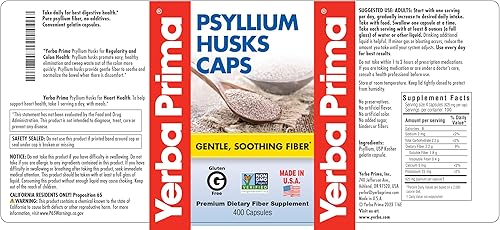 Vista 5 de Yerba Prima Cápsulas de cáscara de psyllium, 625 mg, 400 cápsulas, fibra natural para hombres y mujeres, suplemento de apoyo a la regularidad
