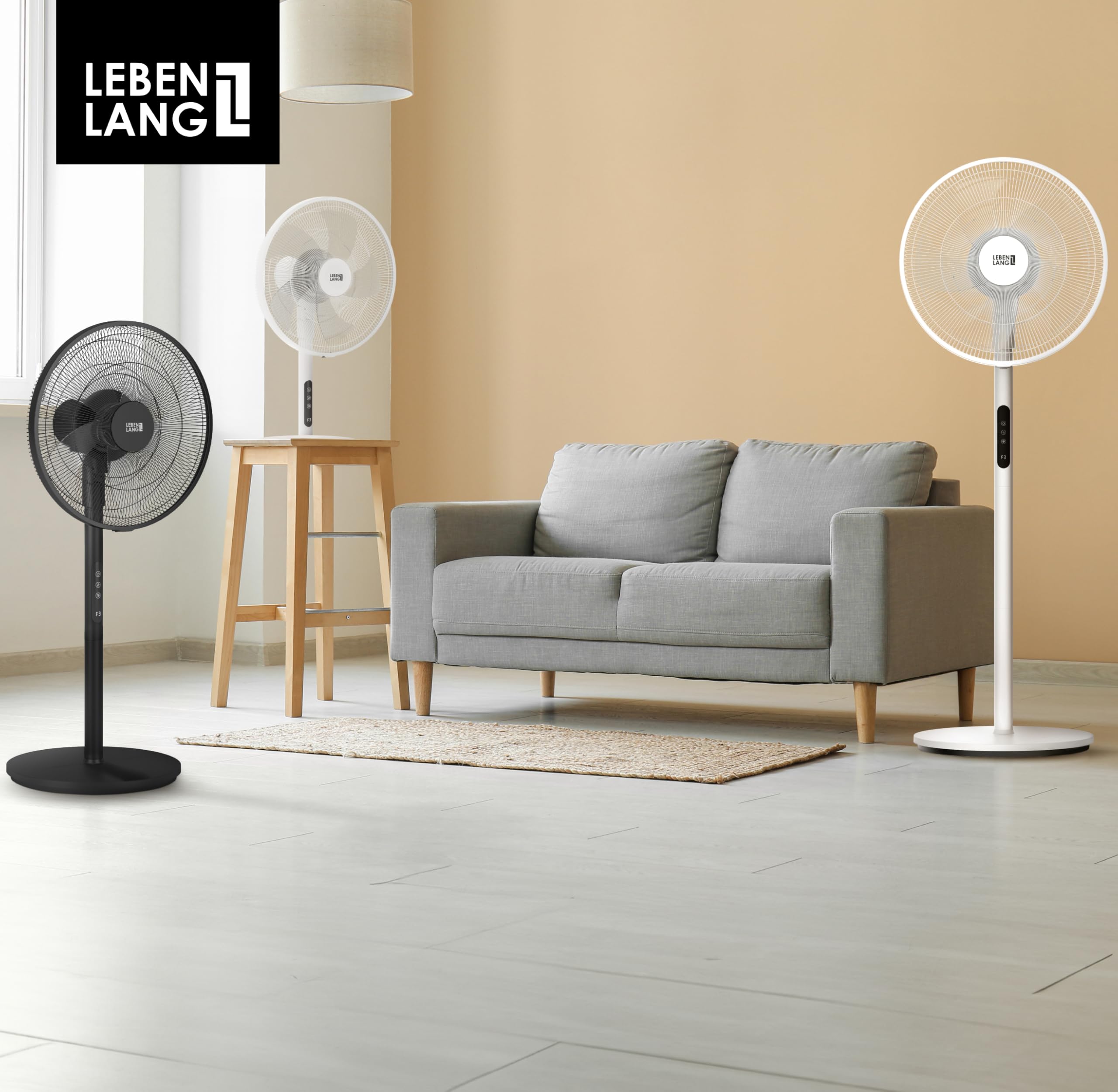 LEBENLANG Ventilatore a piantana - 60W & 5 modalità I 45cm Oscillante | Con telecomando & display LED I Ventilatore silenzioso Electric fan da pavimento Standing fans notte Ventilatori potente