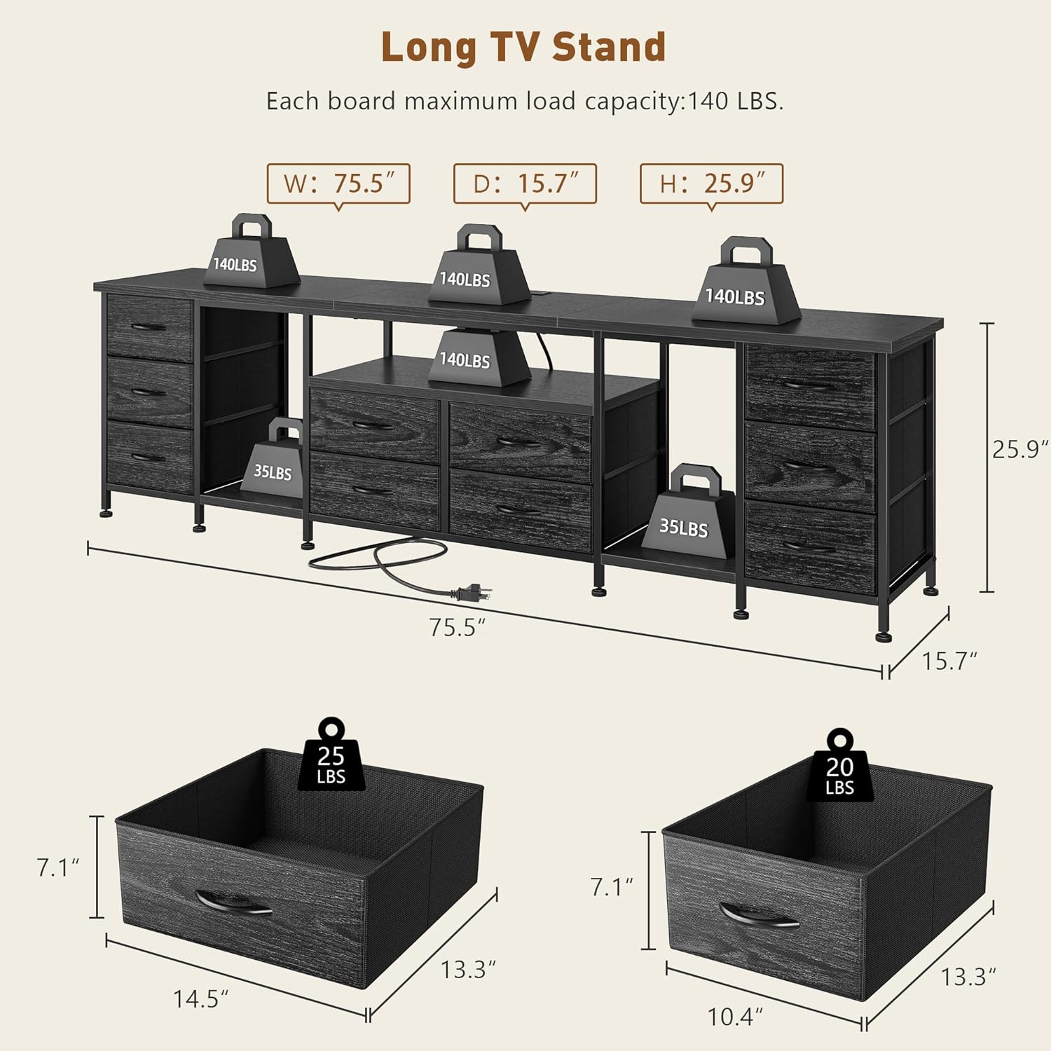 EnHomee 75, 80, 85 Inch TV Stand with 10 Fabric Drawers, 75.5" W Entertainment Center with LED Lights & Power Outlets, TV Stands for Living Room, Bedroom, Black - Image 3