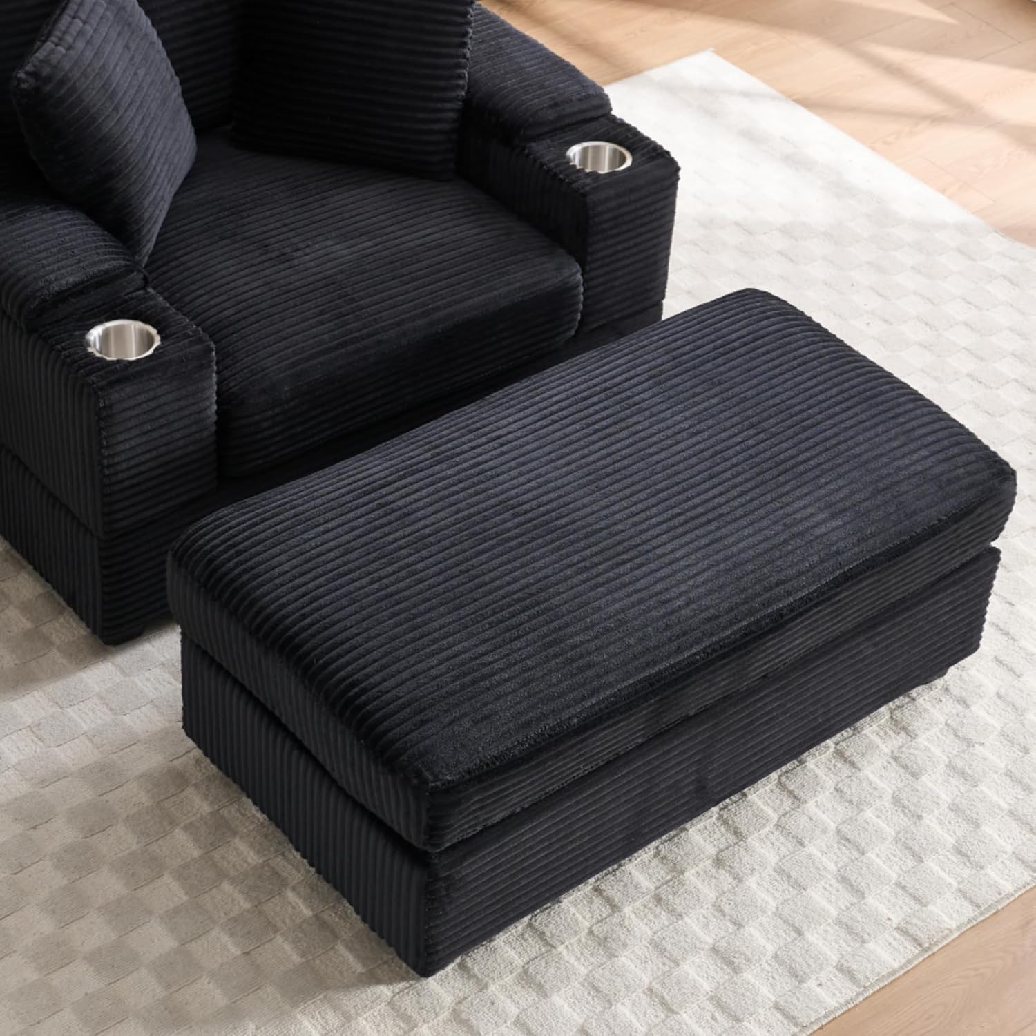 KEIKI Oversized Accent Chair with Ottoman, Chaise Lounge Chair Indoor with Handrail Storage, Cupholders, Oversized Sofa Bed, Deep Seat Sleeper Couch Reading Chairs for Living Room, Black