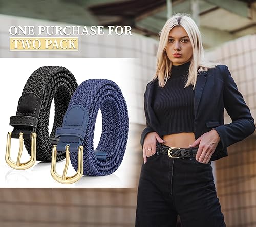 Miniatura 3 de Paquete de 2 cinturones trenzados para mujer, cinturón elástico tejido delgado, cinturón de tela de tela, cinturón elástico, hebilla dorada