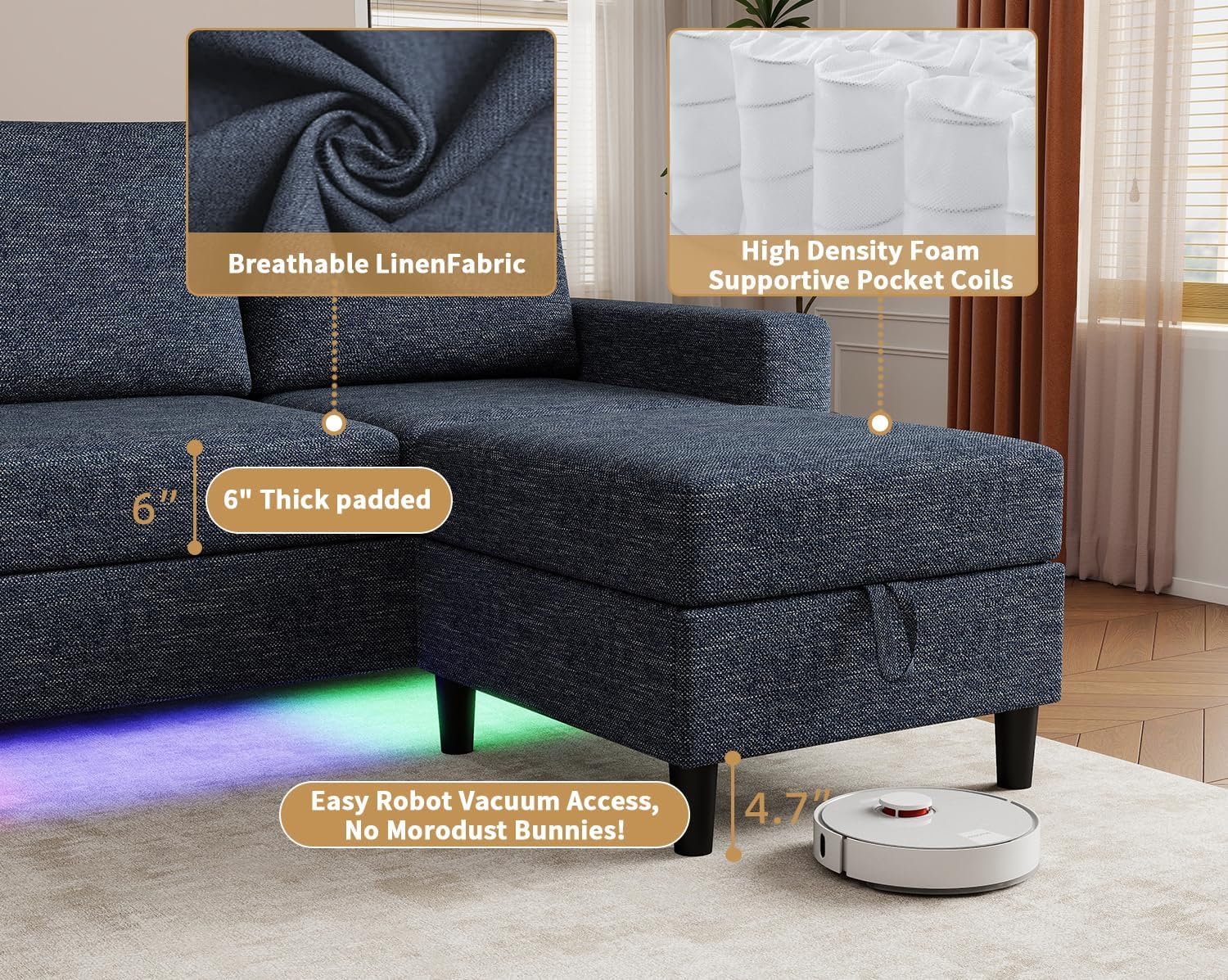 Smart Sectional Couches for Living Room, 4 Seat U/L Shaped Sectional Sofa with RGB Light/Charging, Modern Living Room Furniture for Apartments/Office/More (Blue)