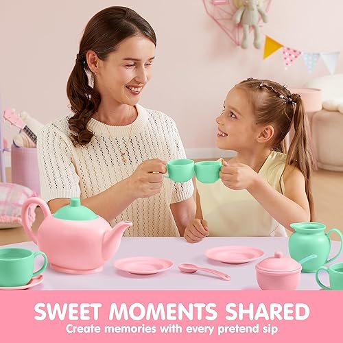 Miniatura 6 de JOYIN Juego de 18 piezas de fiesta de té de simulación, juego de té de plástico, mini cocina para niños, regalos para niños y niñas de 3, 4, 5, 6