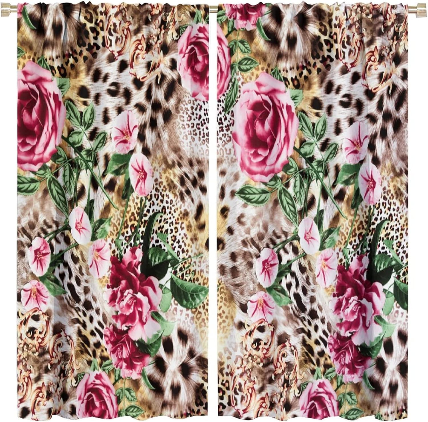 Leopard Print Curtains for Kitchen Pink Rose Leopard Tropical Animal Skin Abstract Geometric Living Room Bedroom Window Drapes Decor 42x45in