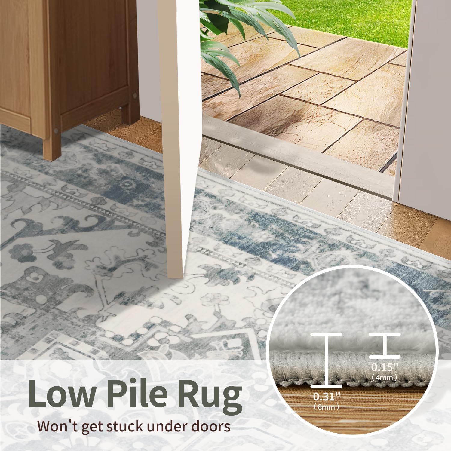 Rugxara 2x5 Hallway Runner Rug, Non Slip Boho Runner Rugs for Hallway, Kitchen, Entrance, Bathroom, Laundry Room, Soft Ultra-Thin Entryway Carpet, Throw Low Pile Retro Imitation Wool Carpet, Blue Grey