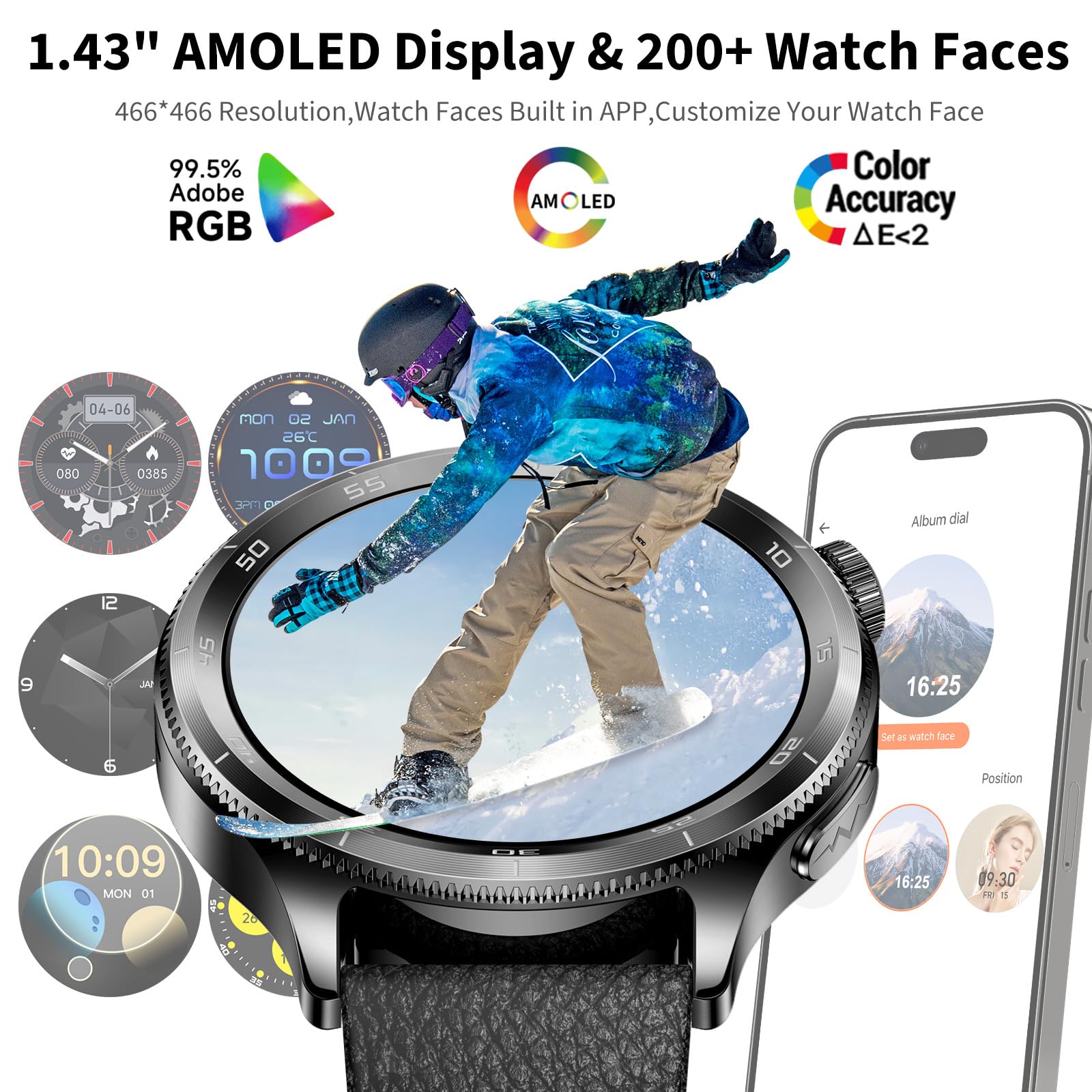 Marsyu 2026 - Smartwatch da uomo con ECG/HRV/IMC, schermo rotondo AMOLED da 1,43", con chiamate Bluetooth, cardiofrequenzimetro 24h, SpO2, SOS, IP68, 100+ modalità sportive, per Android/iOS