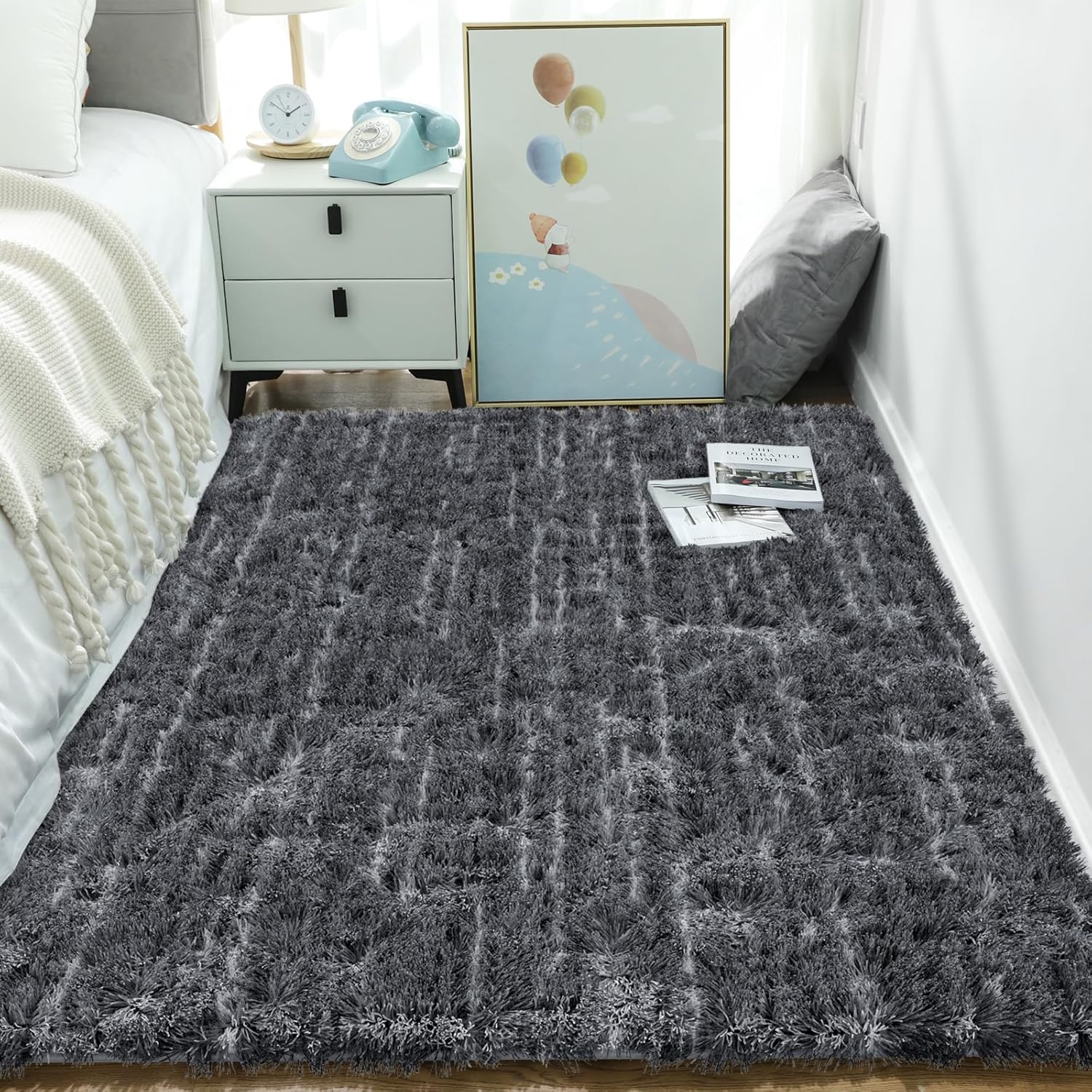 Rugs for Bedroom Black and Grey 4x6 Rug, Soft Fluffy Carpet Indoor Shaggy Fuzzy Living Room Plush Rug for Kids Dorm Home Decor Aesthetic