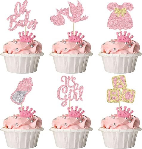 Miniatura 50 de 24 piezas Oh Baby Boy Cupcake Toppers Silver Glitter Enterizo Botella Cisne Baby Shower Boy Cupcake Picks Género Reveal Theme Baby Shower Niños