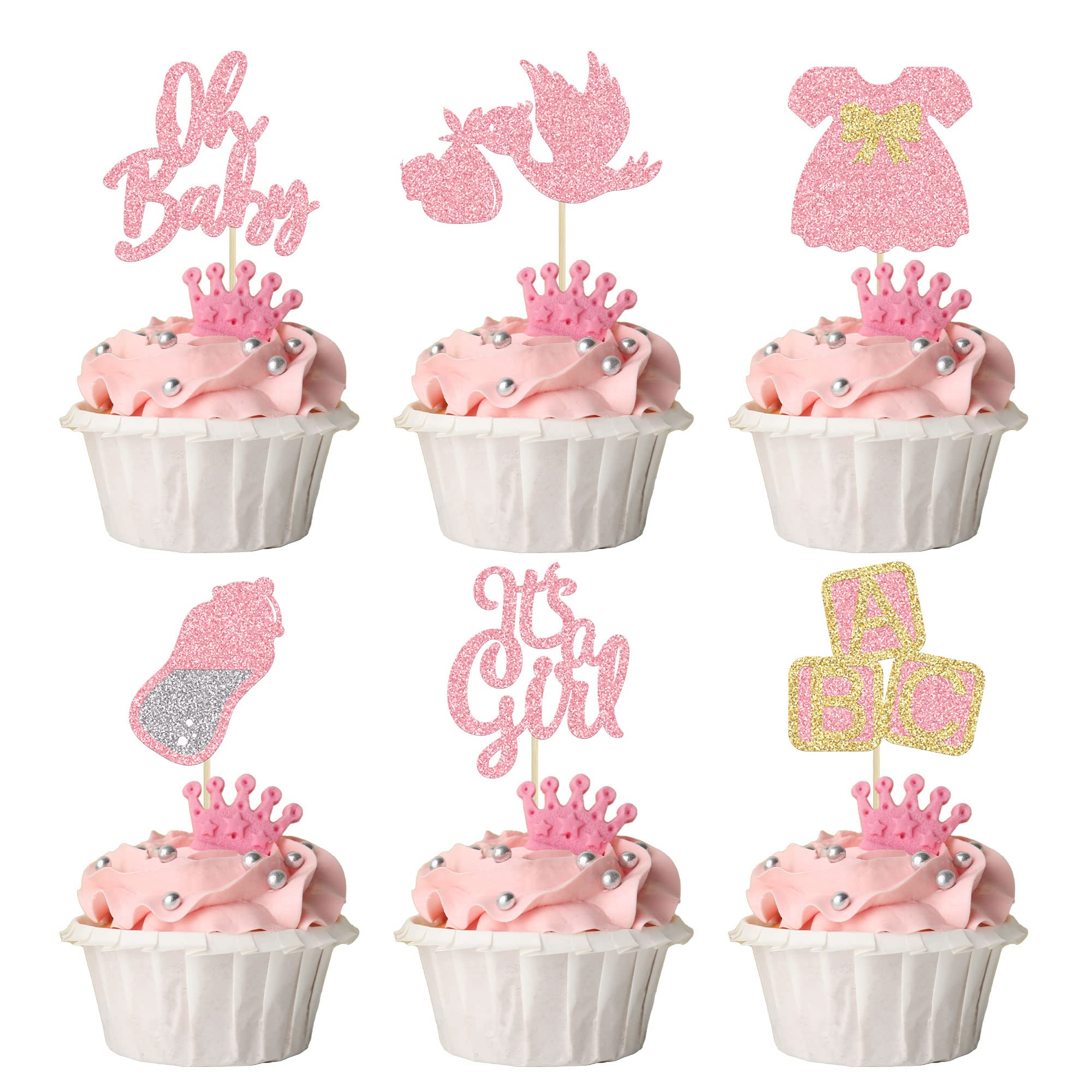 48 Stück 'Oh Baby' Cupcake Topper Aus Glitzer-Karton - Rosa, Für Babyparty & Geschlechtsenthüllung