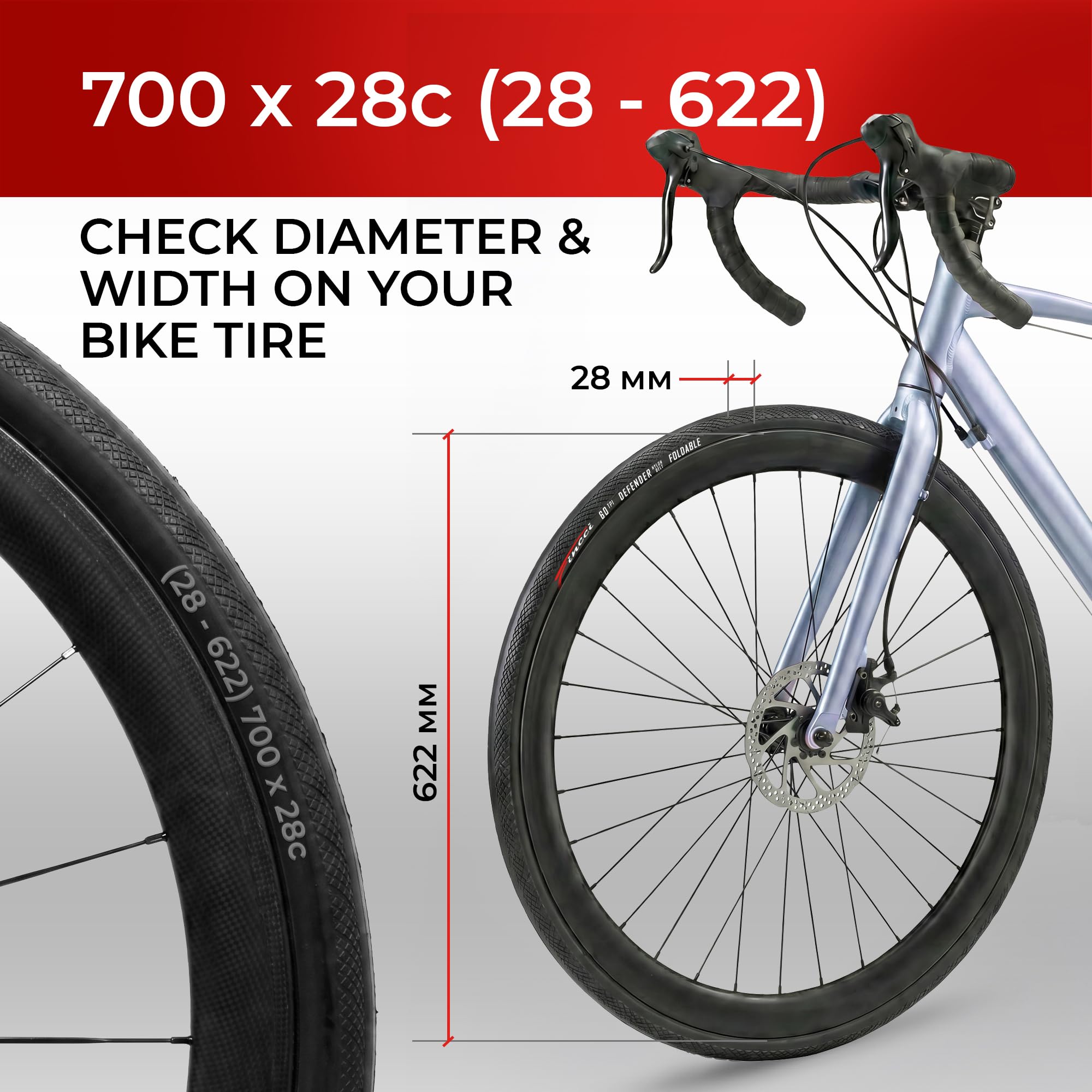 Fincci Kit 2 Copertoni Bici da Corsa 700x28c (28-622) e 2 Camere d'aria Presta 48mm – Pneumatici Pieghevoli 60 TPI – Peso 250g con Protezione Antiforatura 1mm – Ideali per Strada e Allenamento – Nero
