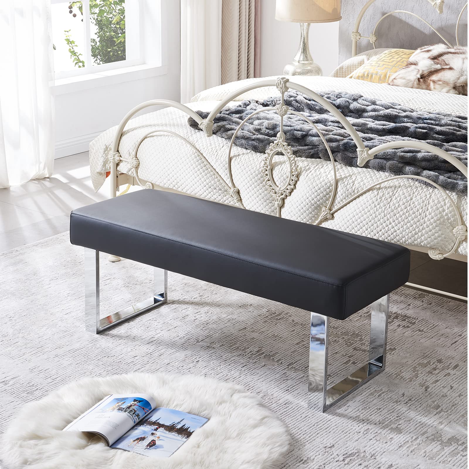 Banc de Salle à Manger Moderne avec Rembourrage, Banc de Chambre pour Coin intérieur avec Pieds en métal, Banc en Cuir synthétique pour entrée, Cuisine, Salon
