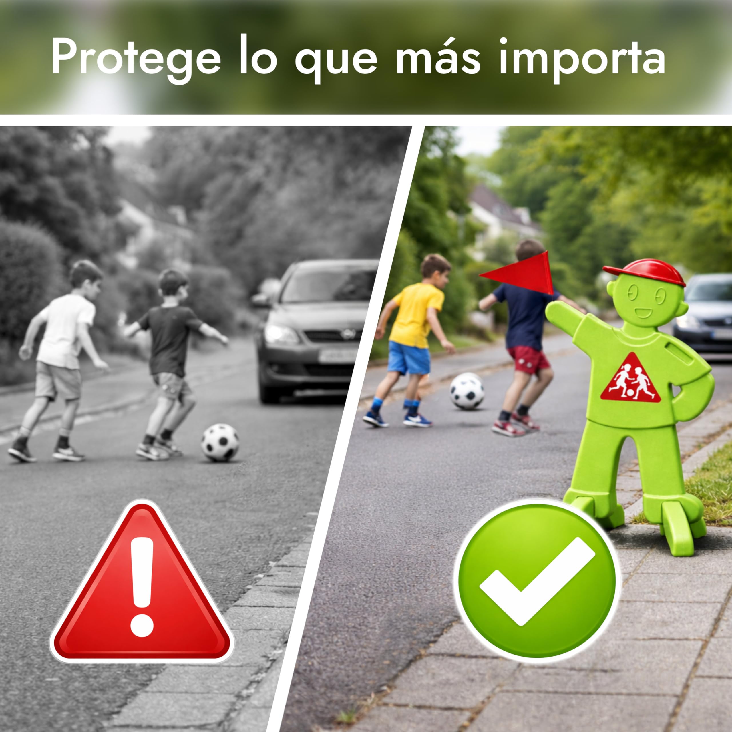 PlaySafe – Figura de advertencia para niños con bandera, señal de advertencia para niños que juegan, soporte reflectante para advertencia de tráfico, conducción lenta (verde)