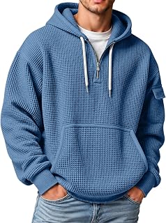 Generic Men's Waffle Knit Half Zip Hoodie Long Sleeve Pullover with Side Pocket