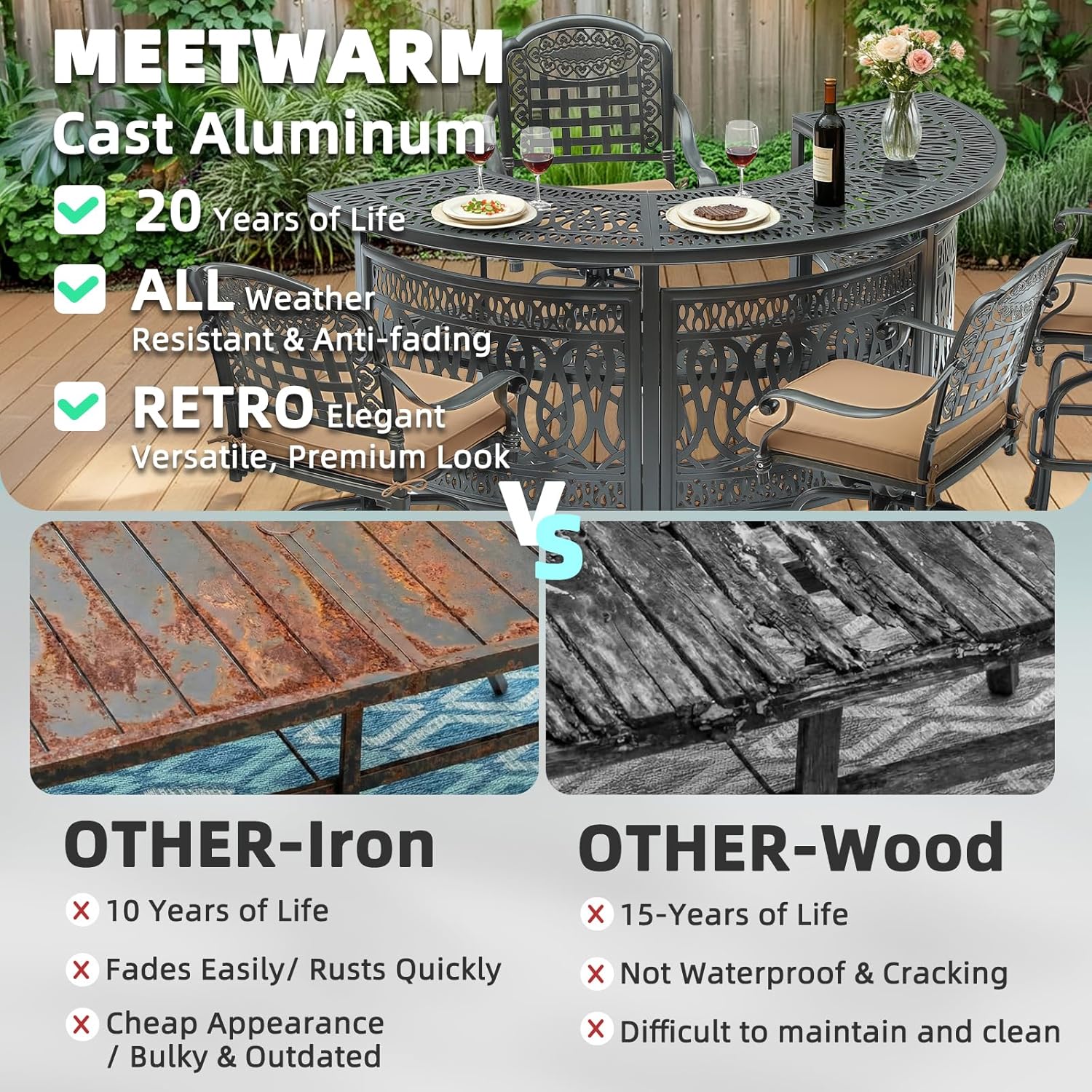MEETWARM 5-Piece Outdoor Bar Set with 75" Half Moon 3-Tier Storage Cast Aluminum Patio Bar Height Table & 4 Cushioned Swivel Bar Stools, All-Weather Large Patio Party Bar Set for Garden,Yard and Deck