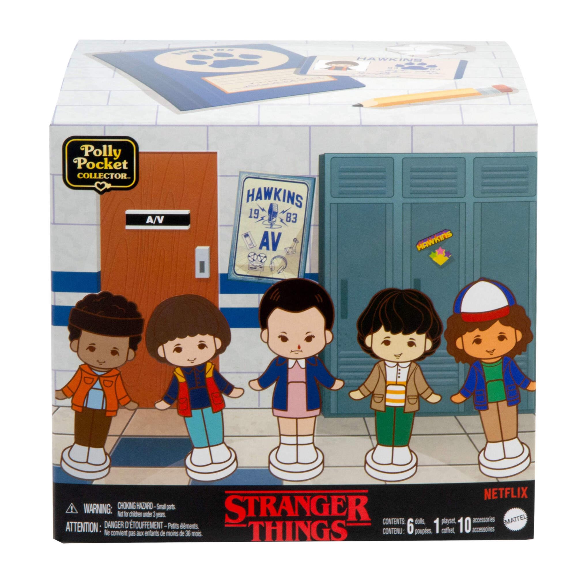 Polly Pocket Estuche Stranger Things con forma de walkie talkie con 6 mini muñecos y 10 accesorios, juguete para coleccionistas inspirado en la serie, +4 años (HWP22)
