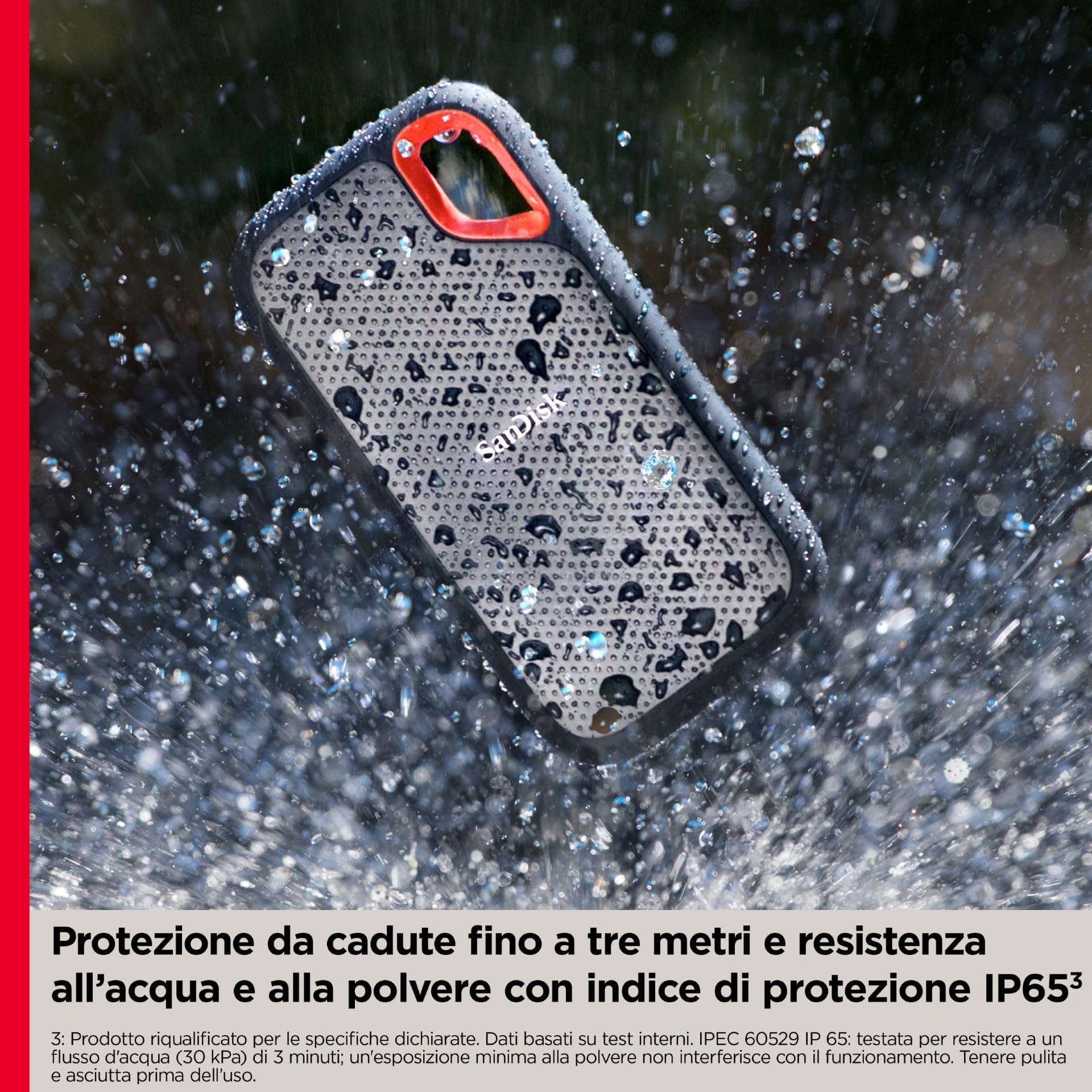 SanDisk 500GB Extreme SSD portatile, Unità a stato solido NVMe esterna, fino a 1050 MB/s, USB-C, USB 3.2 Gen 2x2, Indice di protezione IP65 per la resistenza ad acqua e polvere, Nero | SSD esterno, compatibile con PC e Mac, resistenza all'acqua e alla pol