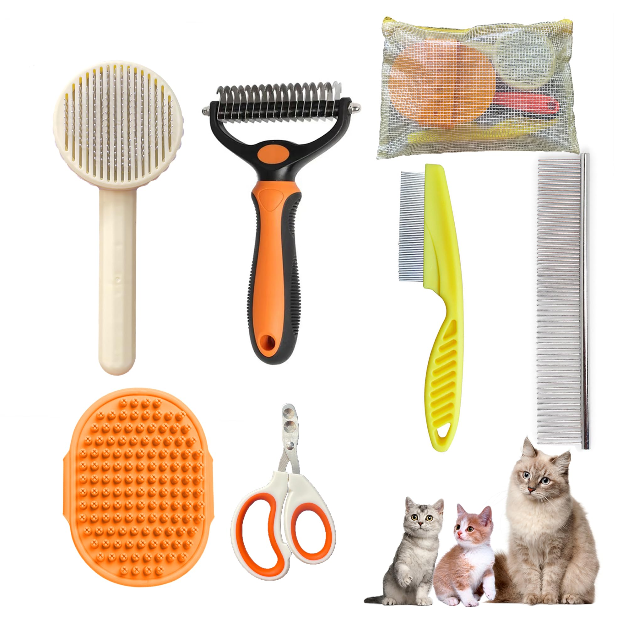 POSAPET Pet Grooming Brush Kit 6 Tools - Deshedding & Dematting for Long/Short Hair, Self-Cleaning Slicker Brush with 6-in-1 Flea Comb for Cats & Dog (Orange) — image 1