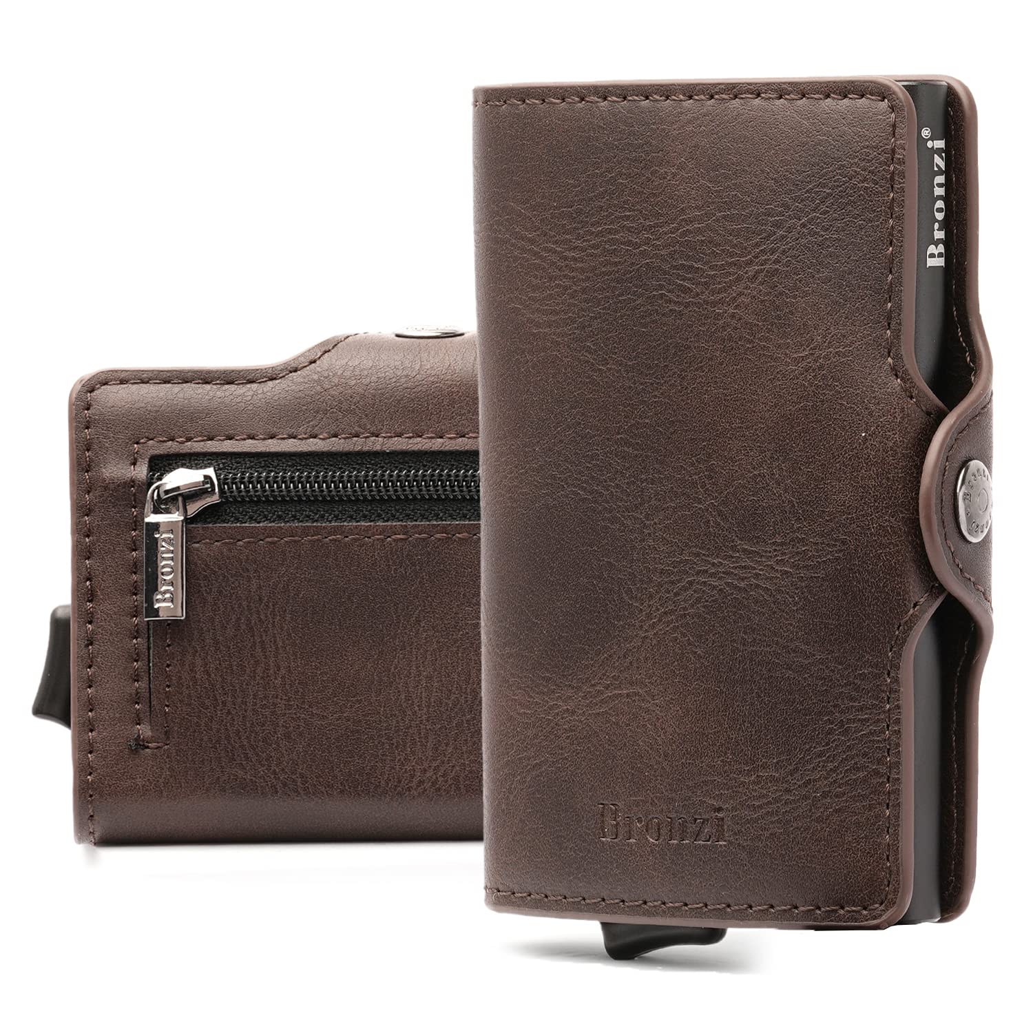 Bronzi Portafoglio Porta Carte Credito - Portafoglio Uomo Donna Slim Portacarte uomo - Mini Porta Tessere - Protezione RFID - Design Smart Italiano Scatola Regalo inculsa (Pelle, Marrone)
