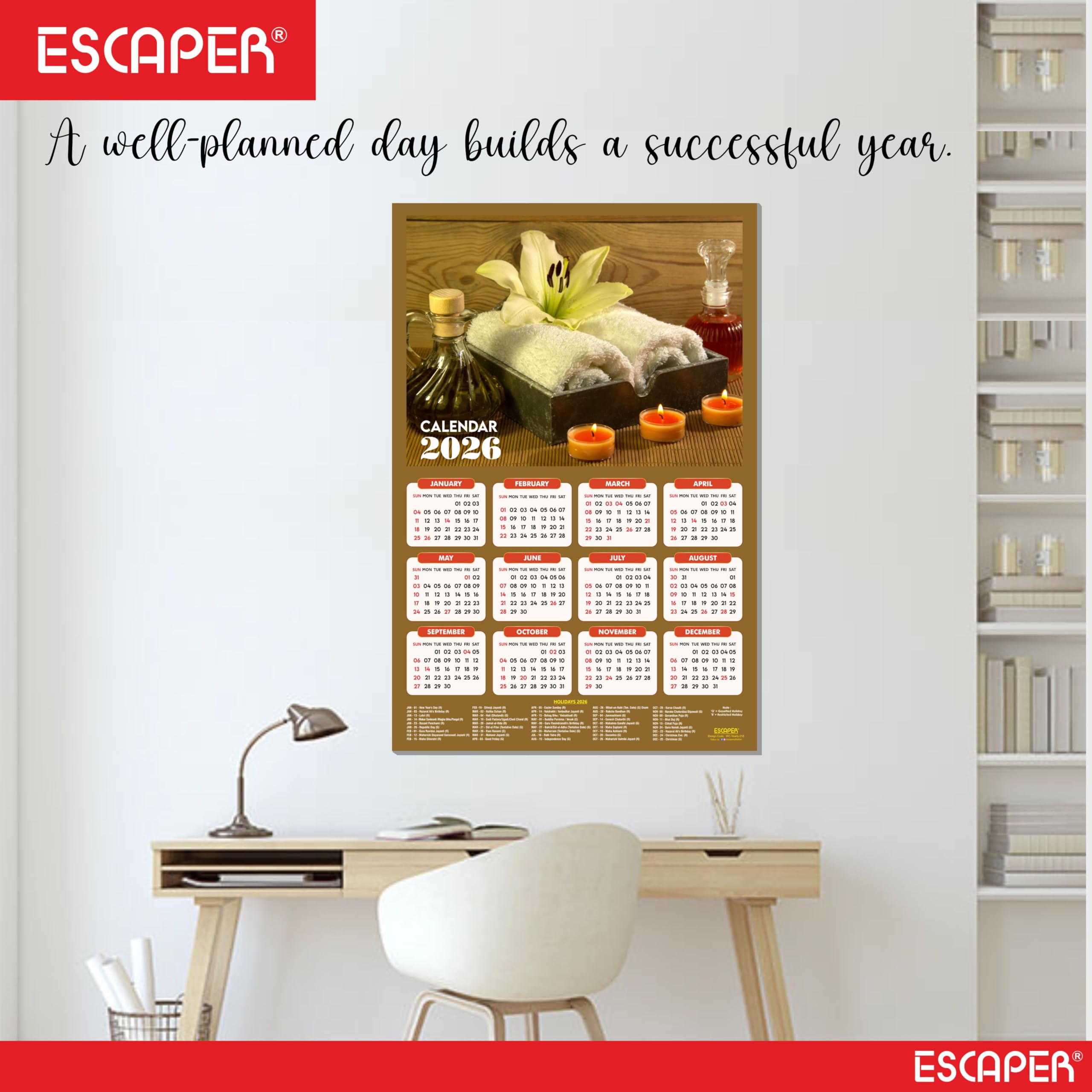 ESCAPER Calendario da parete Body Spa 2025 da appendere (45 x 30 cm), calendario da parete ayurvedico spa 2025, calendario da parete 2025, calendario da parete 2025, decorazione da parete spa