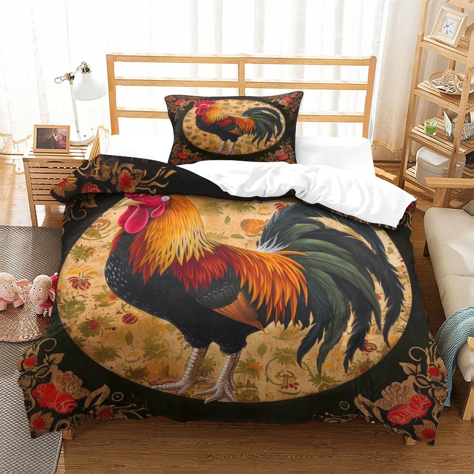 P1s9u7w5y Gallic Rooster-2 Vintage Farm 3D Printed Rooster Duvet Cover Set 3Pcs Microfiber Country Bedding Set Single（135X200cm）