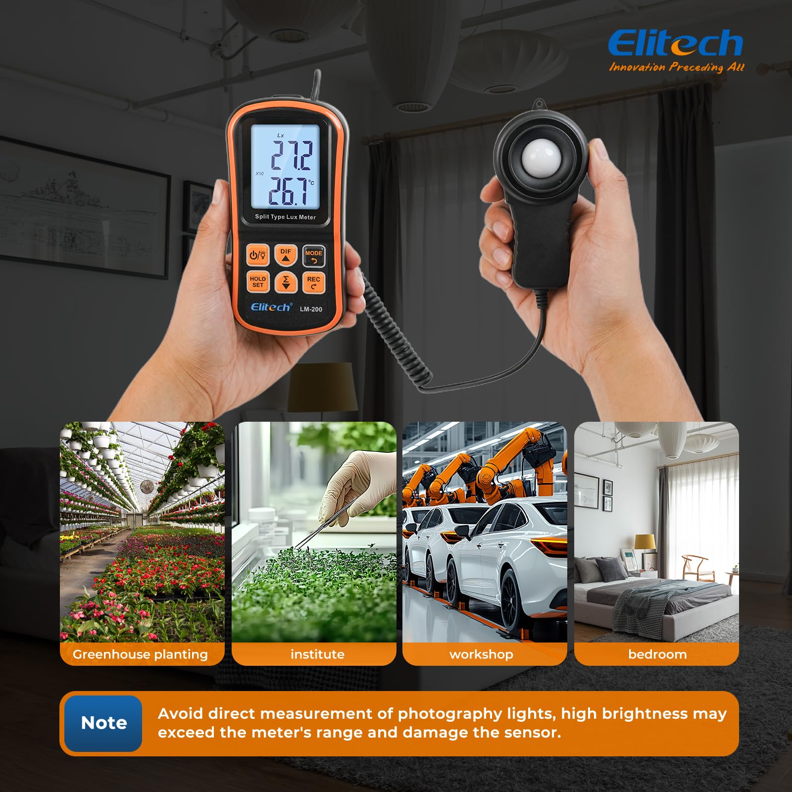 Elitech Misuratore di Luce Digitale Luxmetro Portatile con Display LCD, Portata 200.000 Lux, Misura della Temperatura LM-200