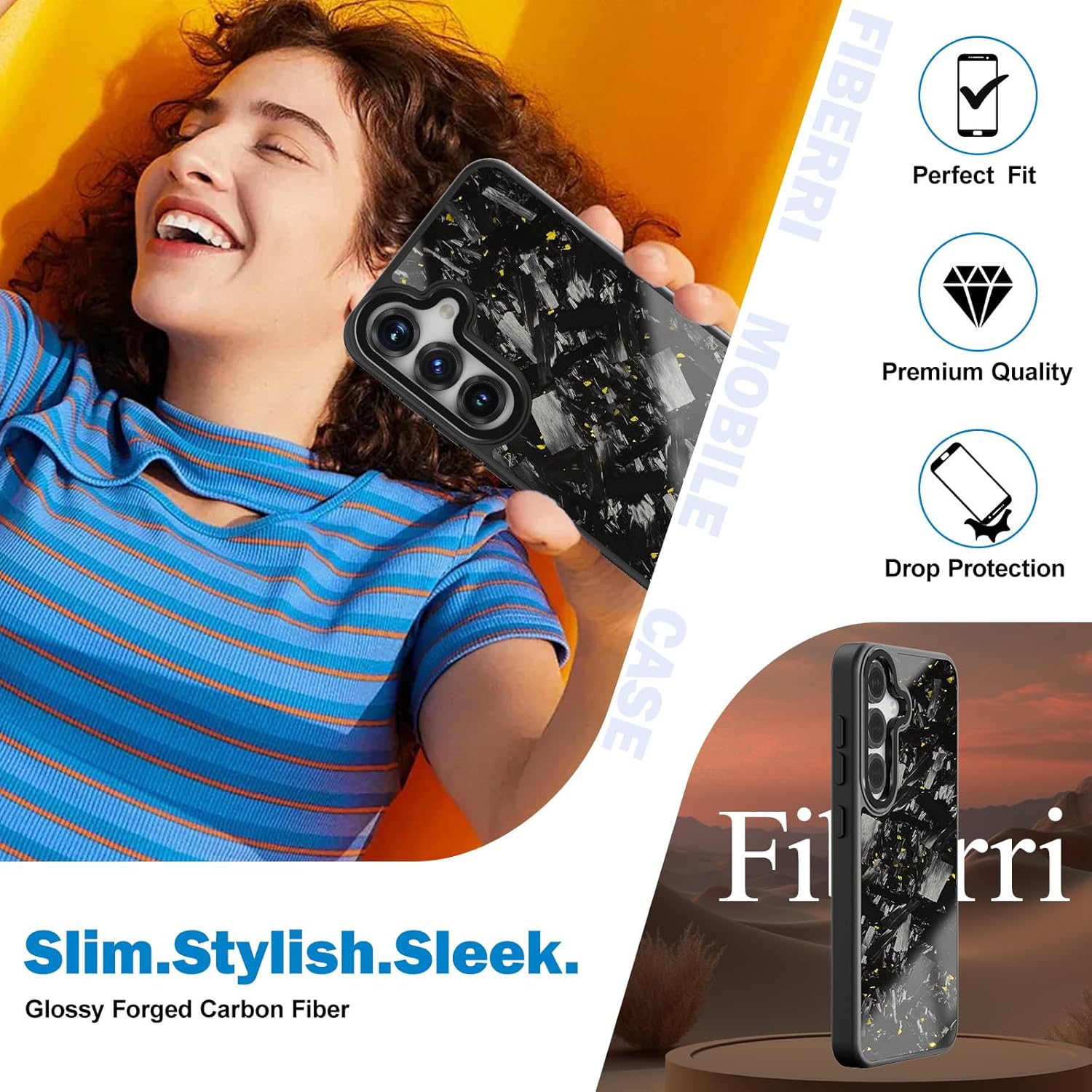 Flux Series Genuine Forged Carbon Fiber Case for Samsung Galaxy S25/S24, Built-in Magnets, Compatible with MagSafe, Military Grade Drop Protection, Shockproof Phone Cover - Glossy Gold