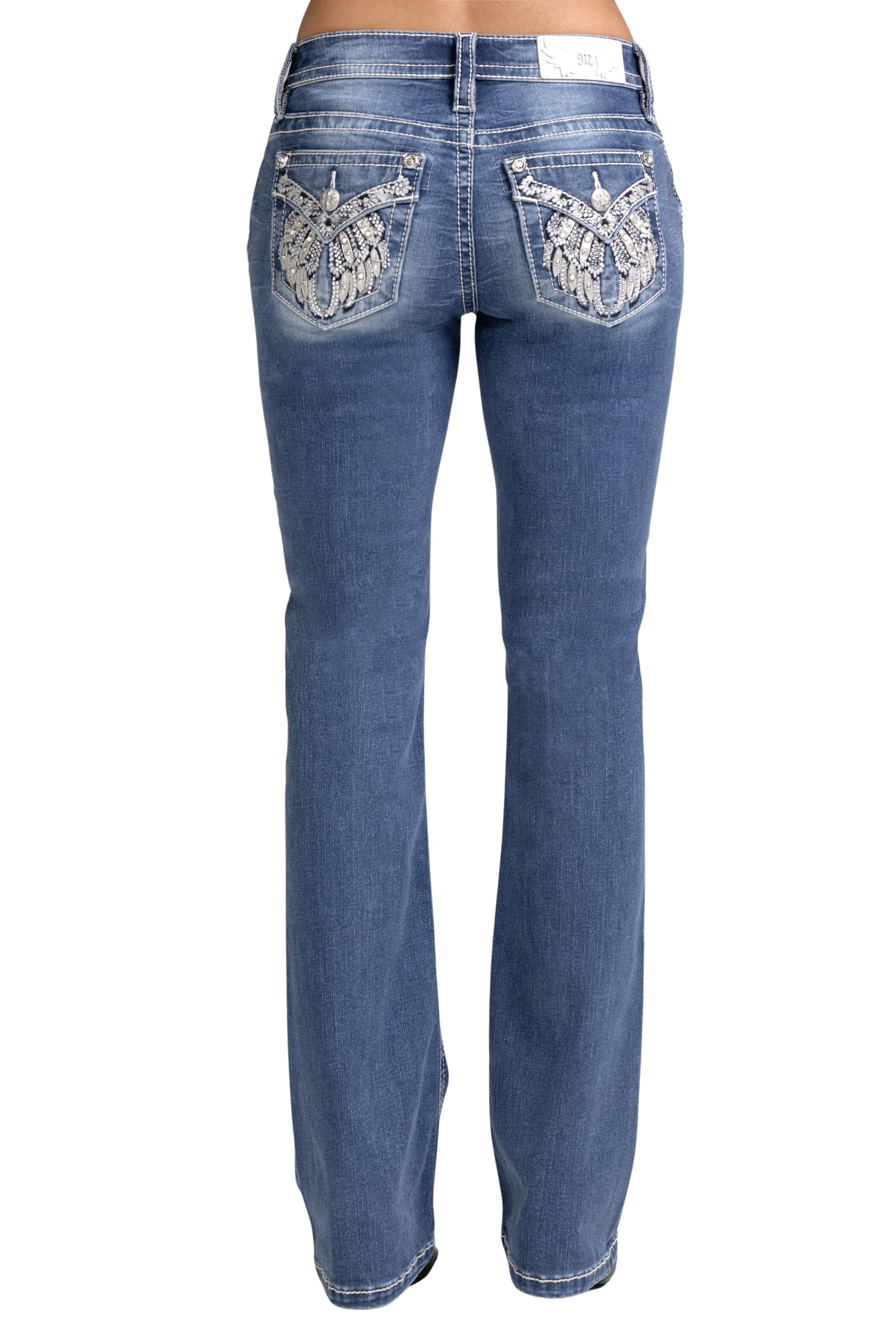 Miss Me Women's Rhinestone Wings Embellished Faux Flap Pockets Mid-Rise Bootcut Jeans