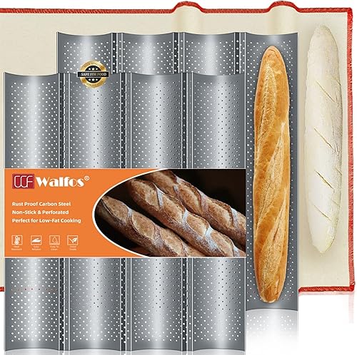 WALFOS 2 moldes para pan francés de baguette, con paño profesional de prueba, sartén antiadherente de 15 x 13 pulgadas, 4 panes ondulados, para