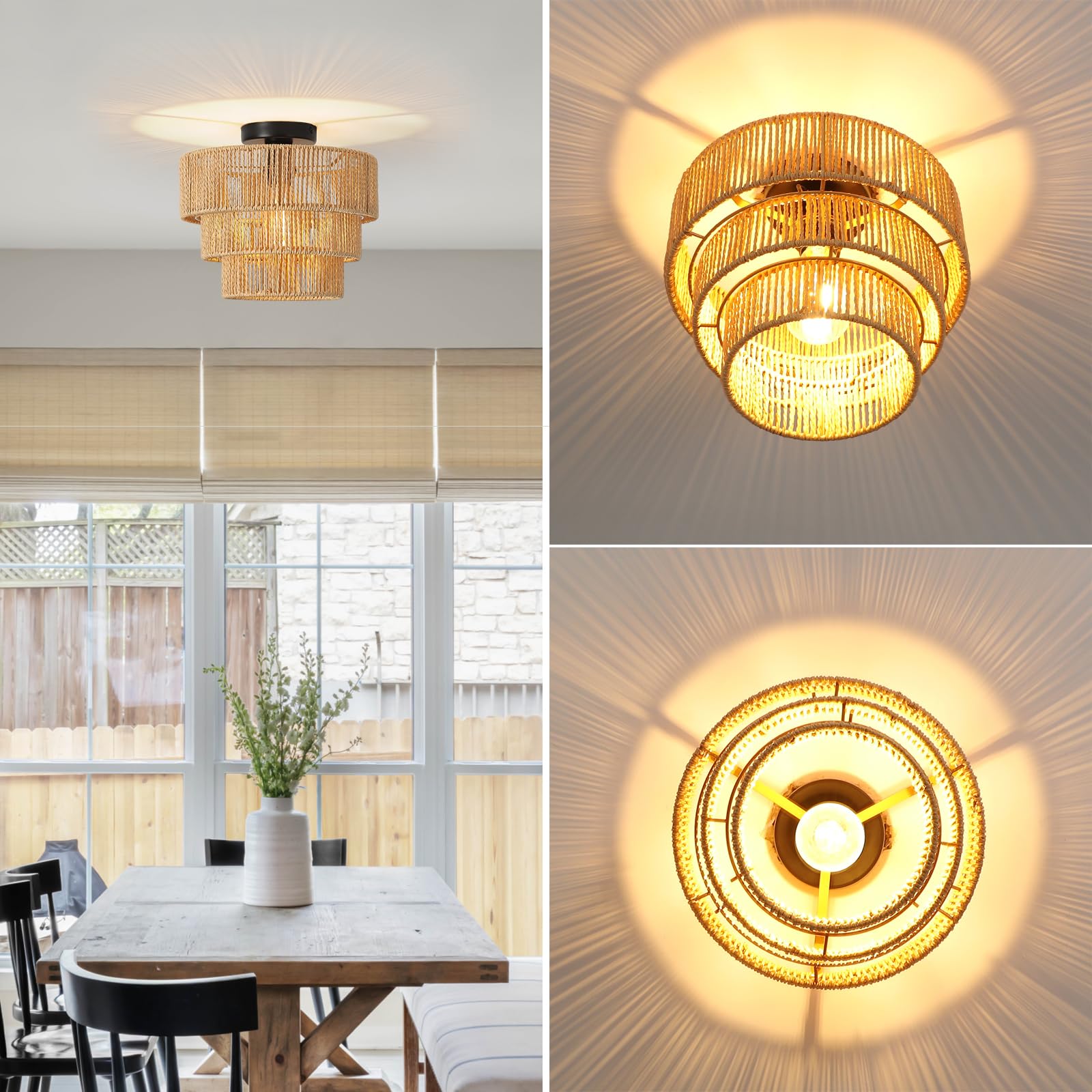 Deckenleuchte Rattan, 3 Lagen Boho Lampe Decke mit Natürlicher Rattan Lampenschirm, E27 Vintage Kronleuchter, Rustikal Braun Deckenlampe Für Wohnzimmer Schlafzimmer Esszimmer Küche Flur