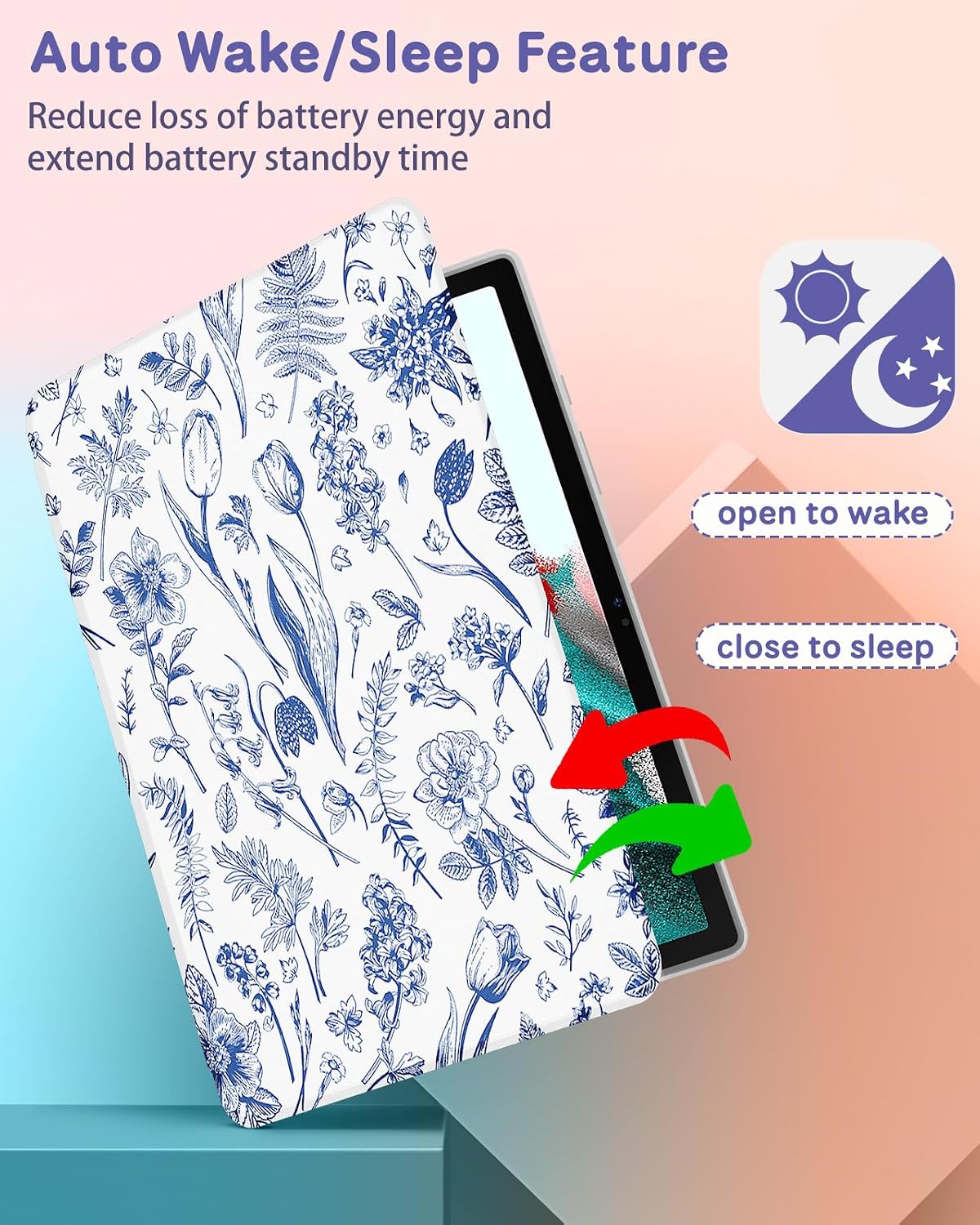 Wazzasoft for Samsung Galaxy Tab A8 Case 10.5 Inch Folio Cover with Pencil Holder Women Girls Cute Girly Teens Kawaii Blue Floral Unique Design Rotating for Samsung A8 Tab Cases SM-X200/X205/X207 image 5