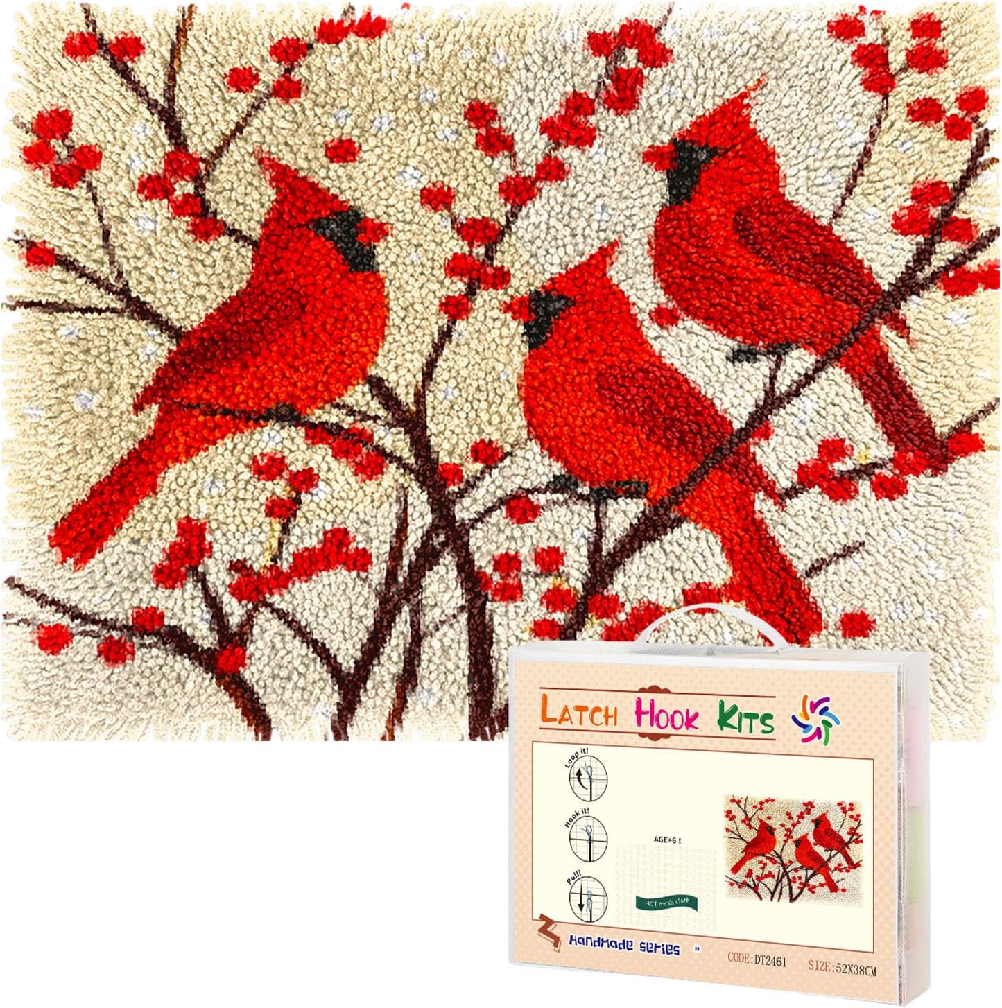 Latch Hook Rug Kit for Adults Red Cardinal on Red Berry Tree Pre-Printed Handmade Carpet Crochet Yarn Craft DIY Hook and Latch Door Mat Tapestry Home Floor Decoration 52x38cm(6)