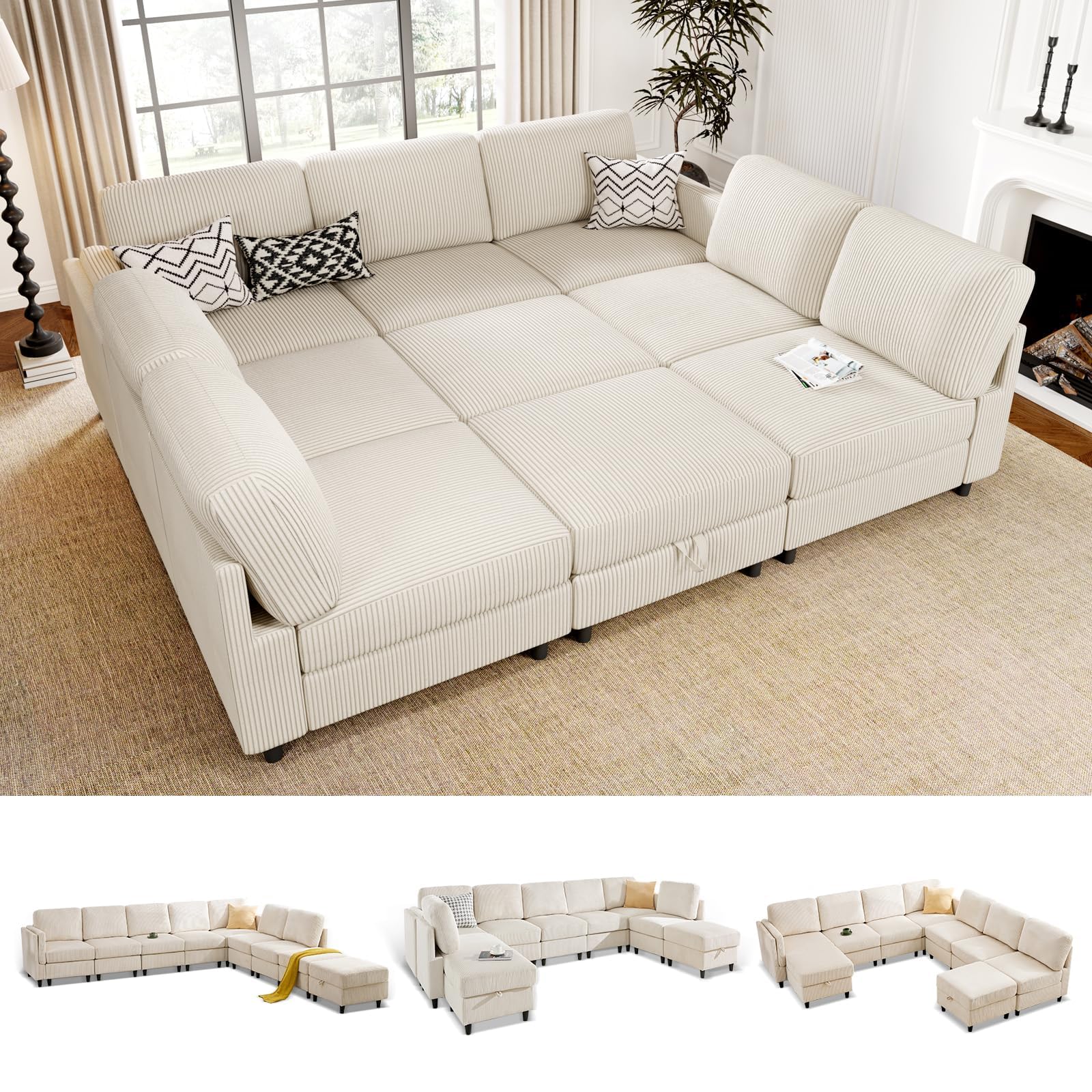 KKL Modular Sectional Sofa Bed - Sofabed with Storage Ottoman Convertible L U-Shaped Sleeper Couch for Living Room
