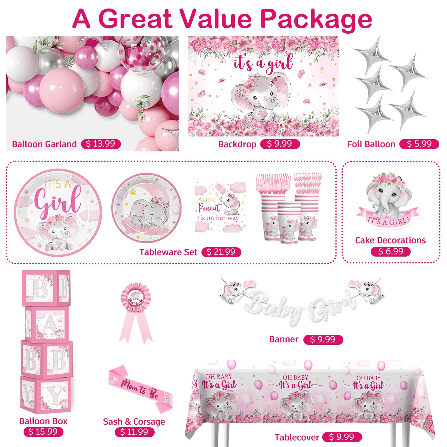 Decoraciones de elefante para baby shower para niña