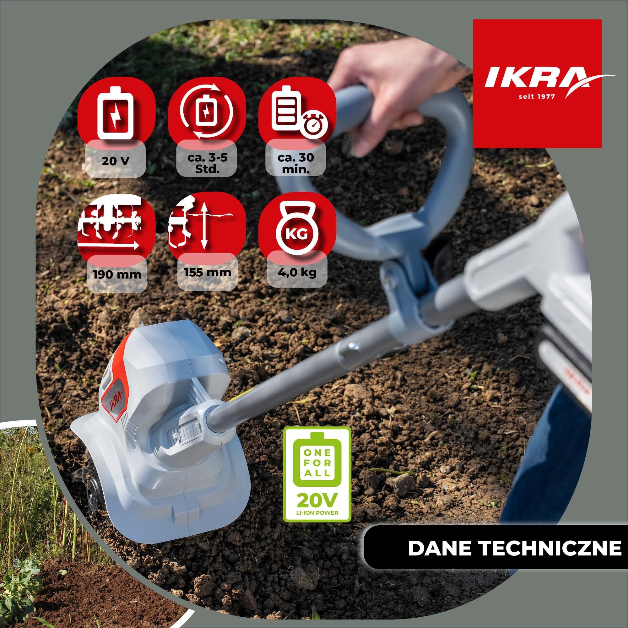 IKRA Glebogryzarka IAMH 20, szerokość robocza 19cm, akumulator, ładowarka | Spulchnia glebę, głębokość do 15,5cm, lekka, kompaktowe przechowywanie, kompatybilna z rodziną akumulatorów IKRA 20 V