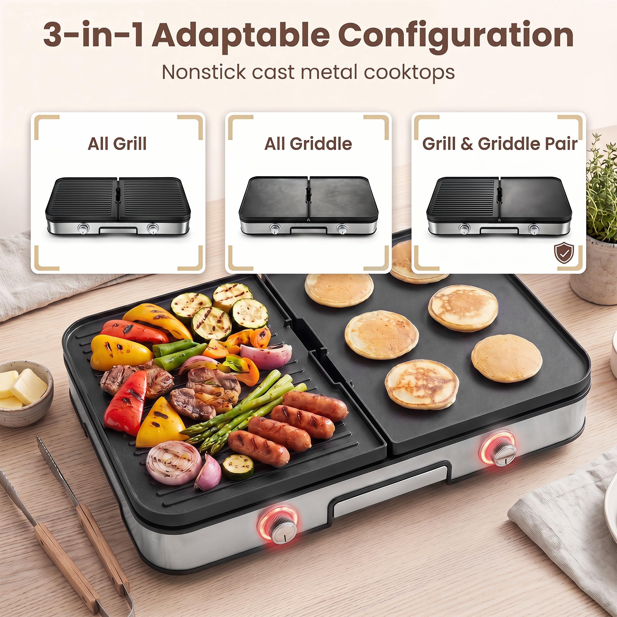 LIFEZEAL Griglia Elettrica 2000W, Barbecue Elettrico Con 2 Piastre Reversibili, Regolazione Individuale Della Temperatura, Vassoio Raccolti-grasso Lavabile, Per Casa, Balcone E Campeggio