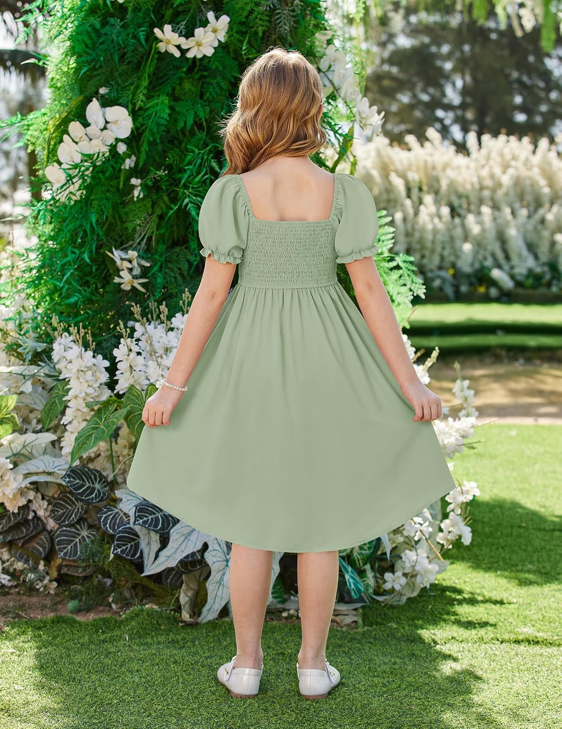 Arshiner Girls Summer Dress Puff Sleeve High Low Swing Off Shoulder Formal Dresses with Pocket