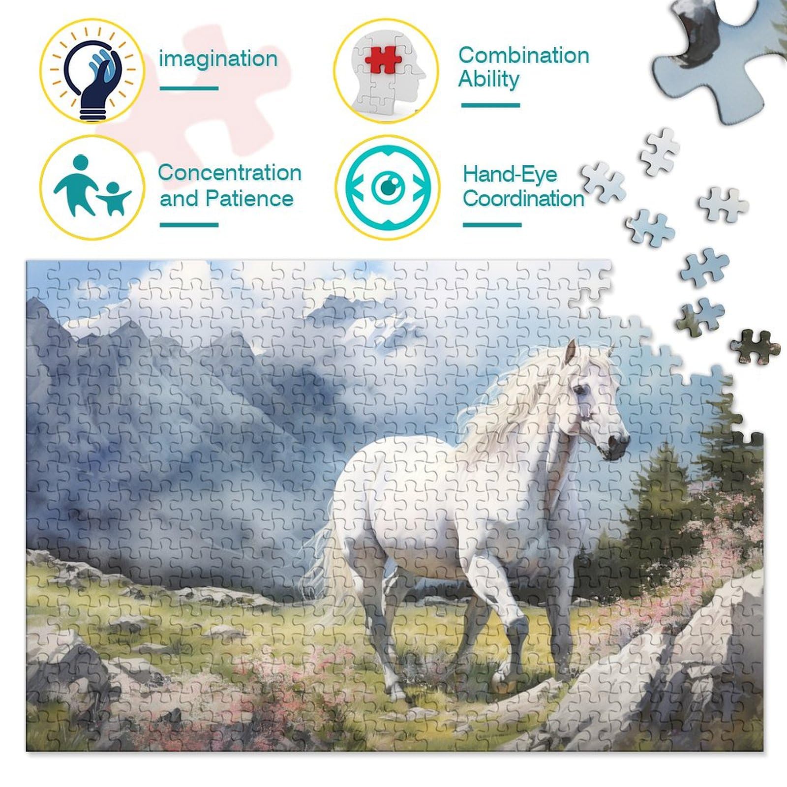 Puzzle, Biały Koń W Górach Zabawa Dla Dorosłych Blade Konie Puzzle Zabawka Gra Intelektualna Gra Edukacja Domowa Zabawka Antystresowa/Style-5/1000Pcs (75X50Cm)