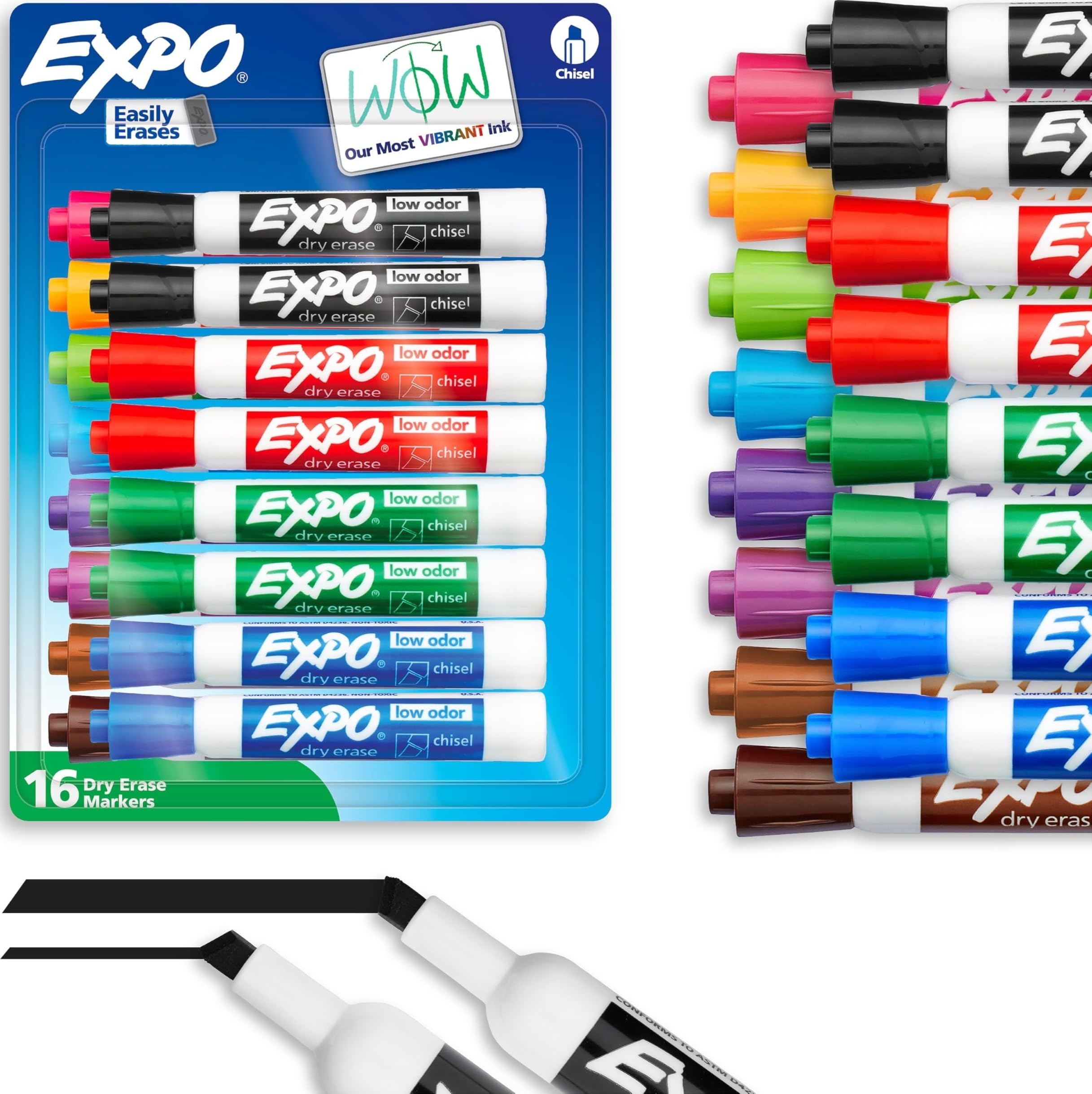 EXPO Dry Erase Markers, Low Odor Ink, Assorted Colors, Chisel Tip, 16 Count