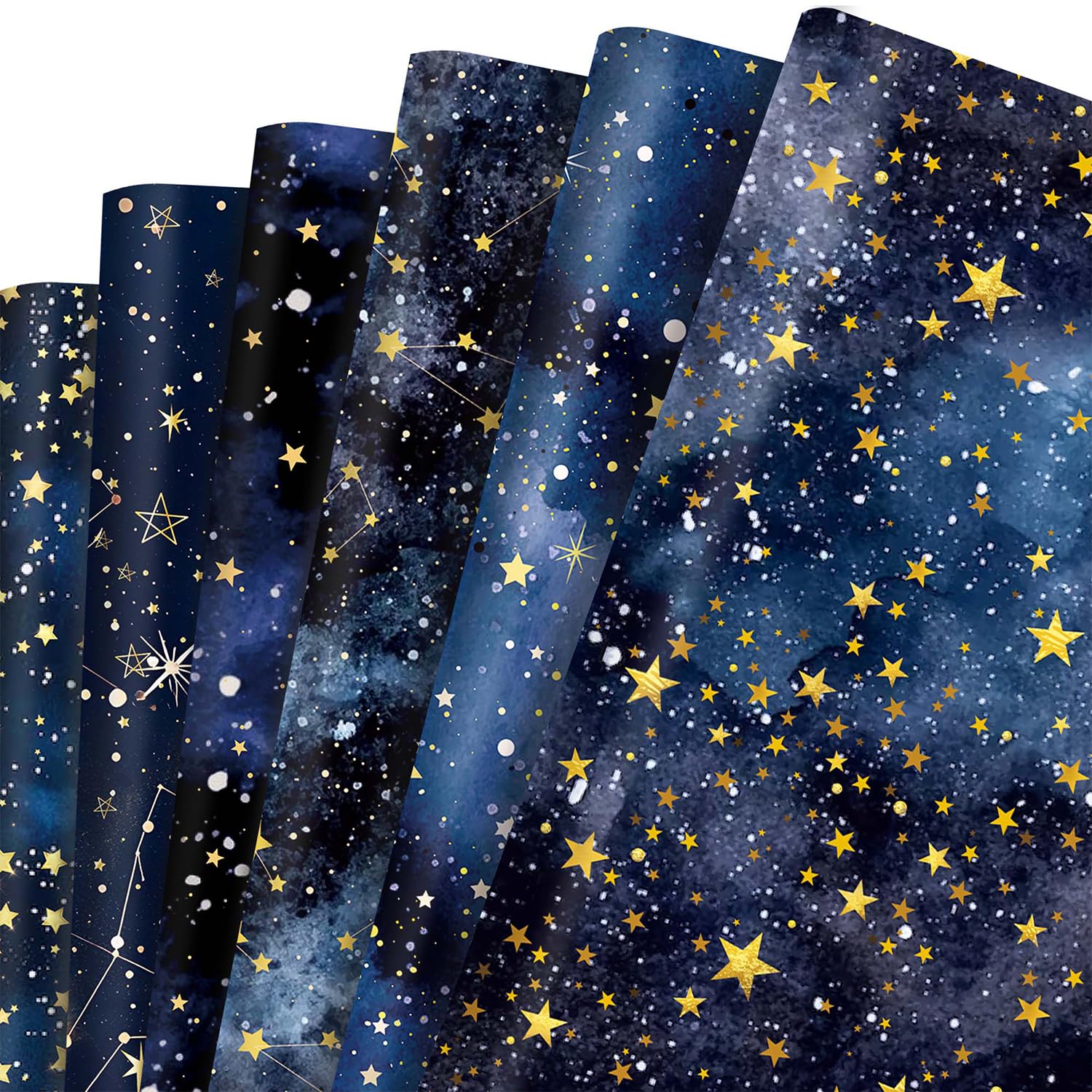6 Sheets Gift Wrapping Paper, Star Wrapping Paper Roll, Blue Gold Night Starry Sky Gift Wrap for Christmas Birthday Party Baby Shower Anniversary Wedding, 50x70cm — image 1