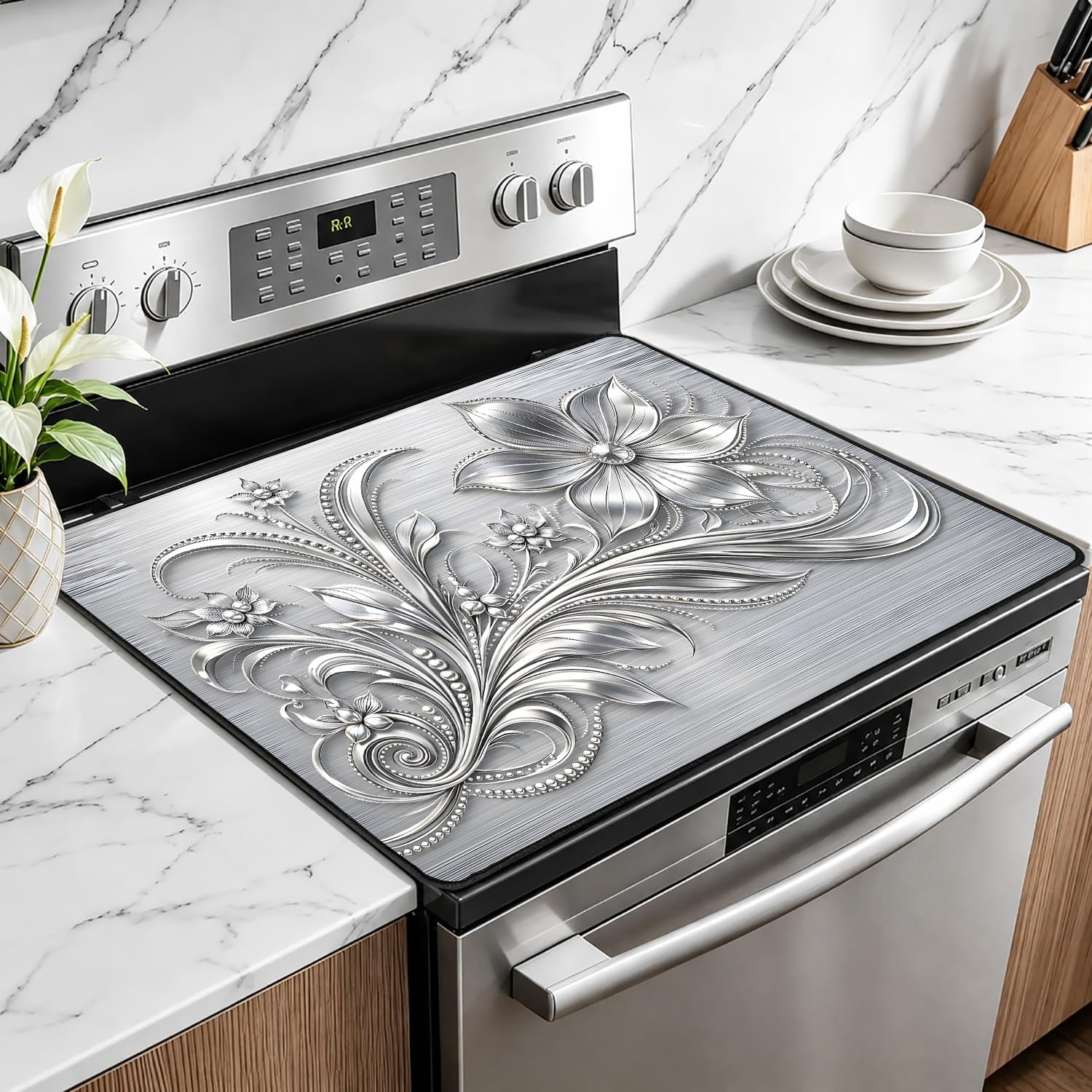 Metallic Silver Relief Flower Scroll Stove Cover for Electric Stove, 28.3 x 20.5 Inch Non-Slip Heat Resistant Stove Top Protector Mat, Minimalist Elegant Kitchen Decor Workspace Mat image 5